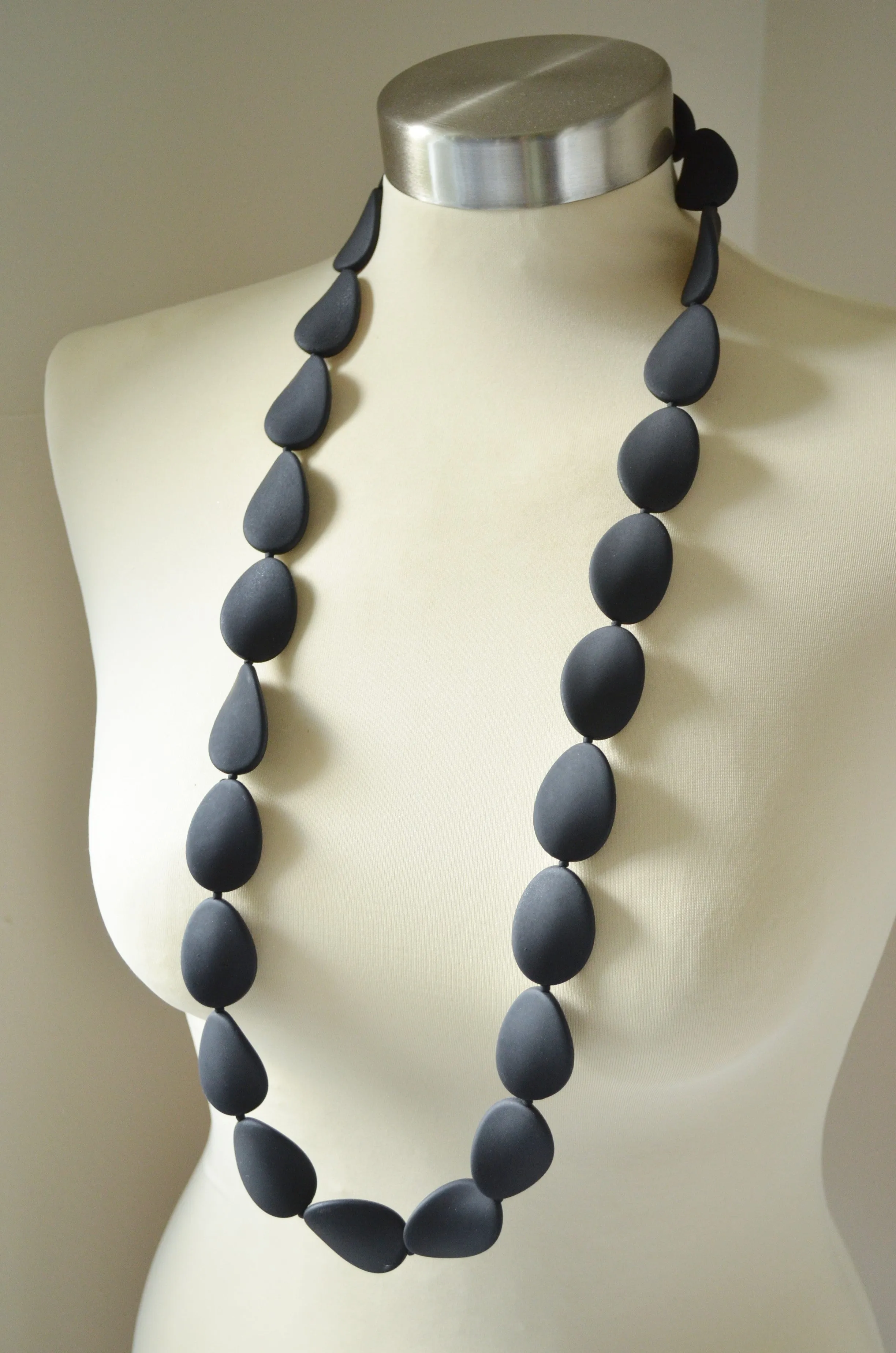 Long Black Beaded Matte Acrylic Womens Statement Necklace