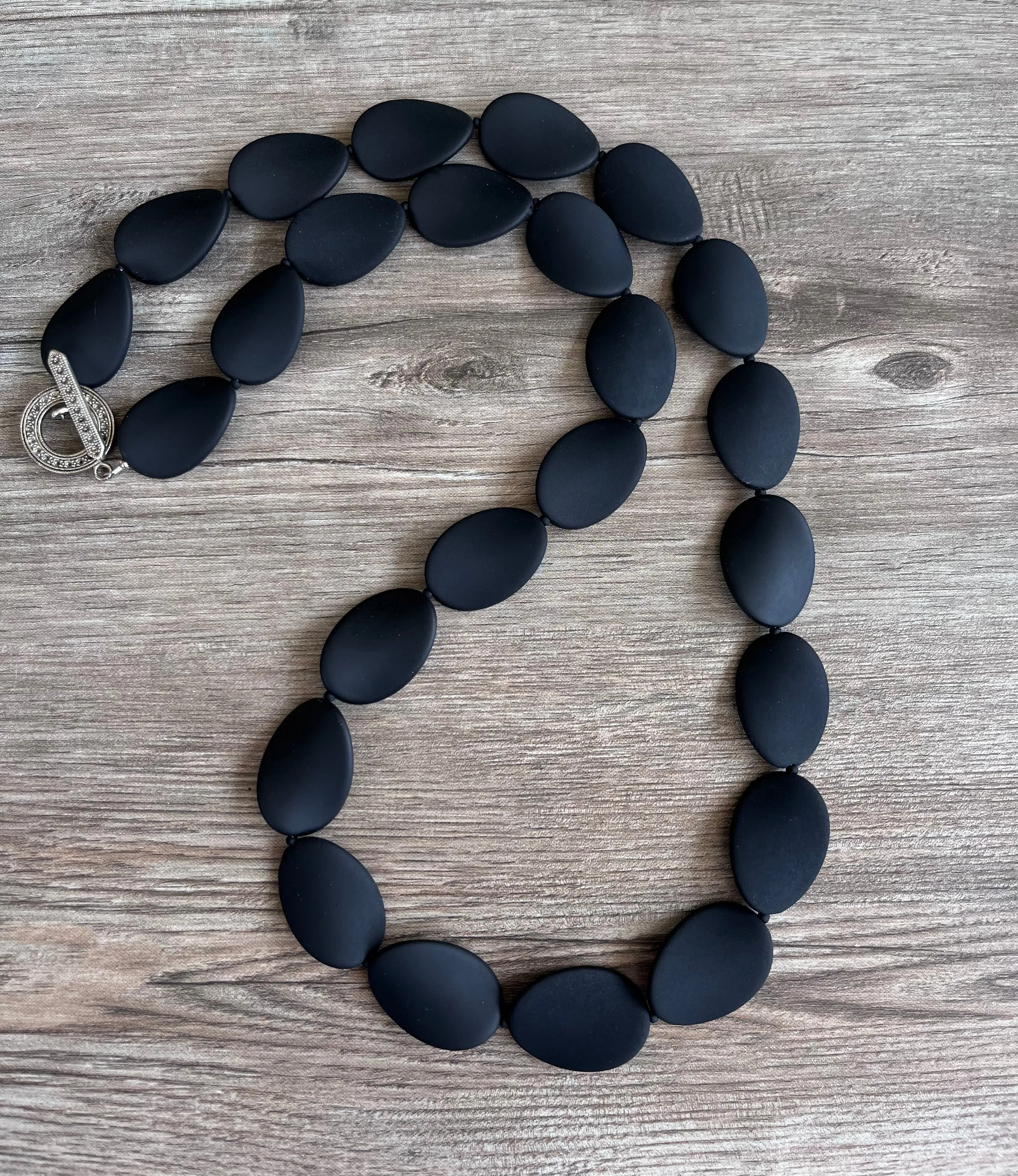 Long Black Beaded Matte Acrylic Womens Statement Necklace