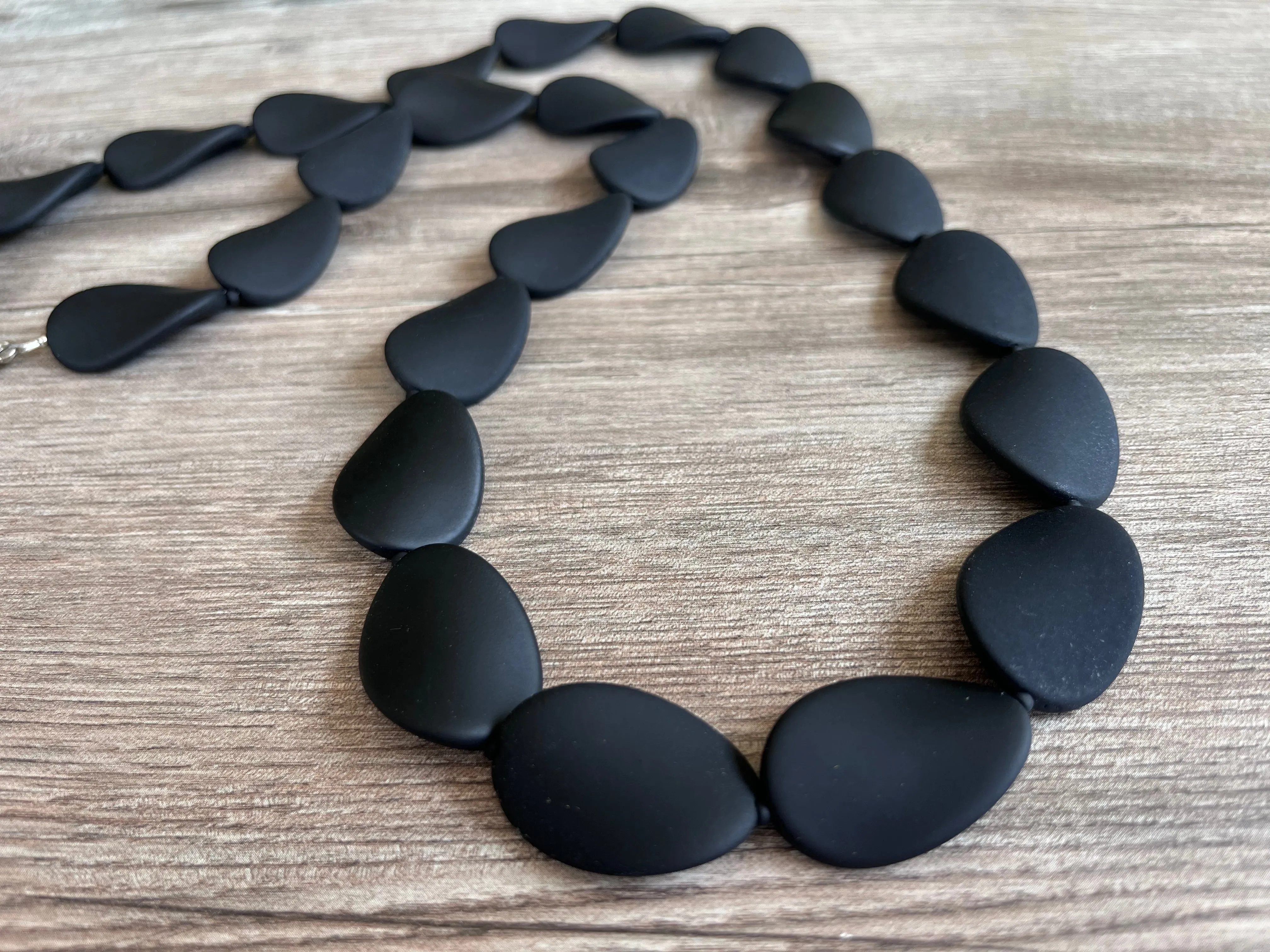 Long Black Beaded Matte Acrylic Womens Statement Necklace