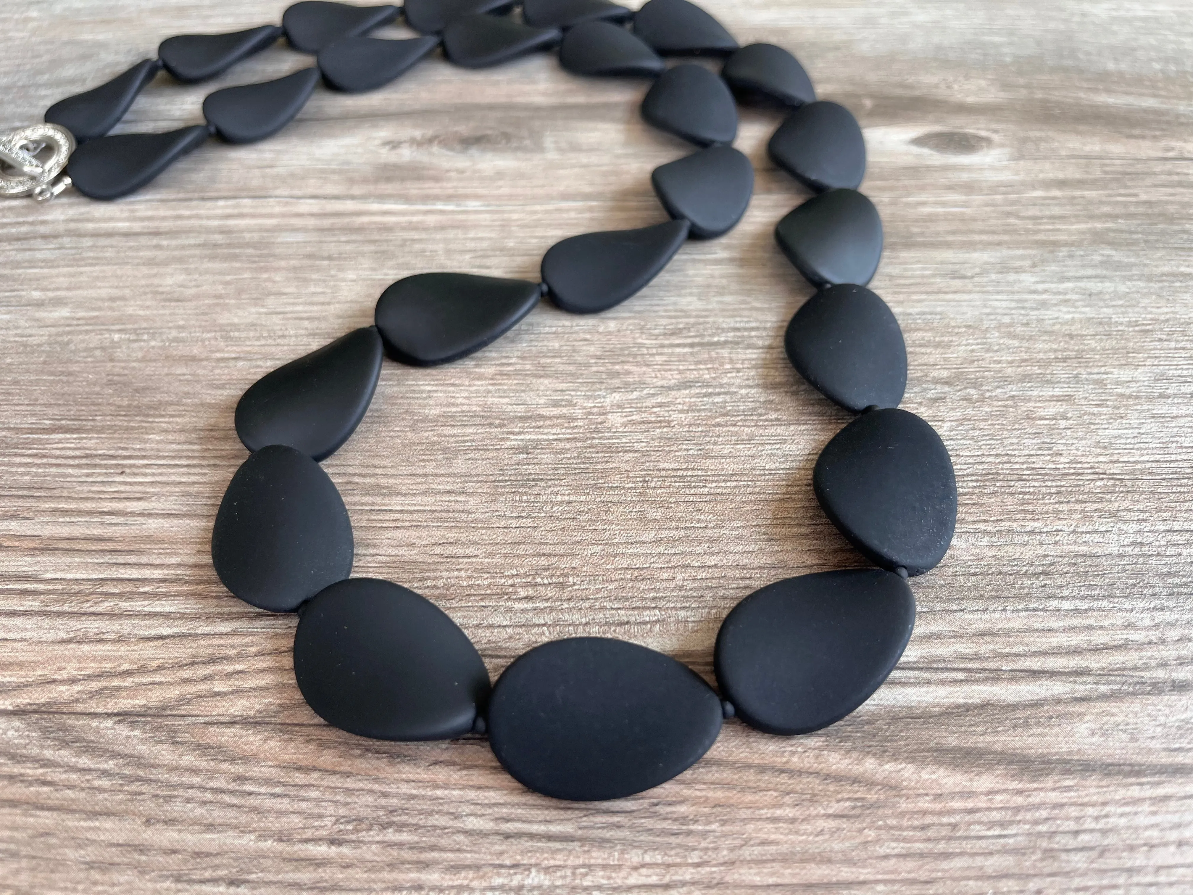 Long Black Beaded Matte Acrylic Womens Statement Necklace