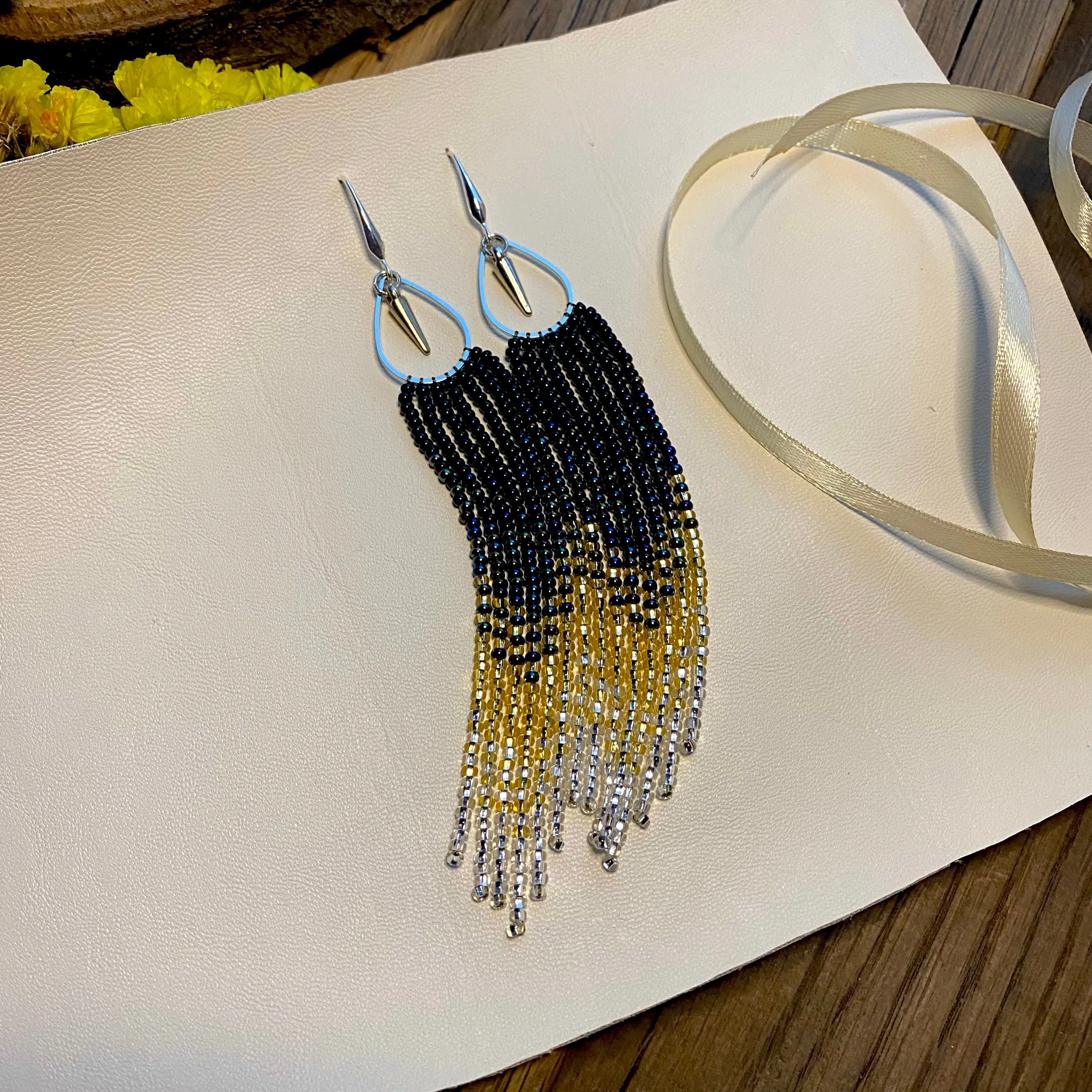 Long Dainty Ombre Seed Bead Fringe Chandelier Earrings