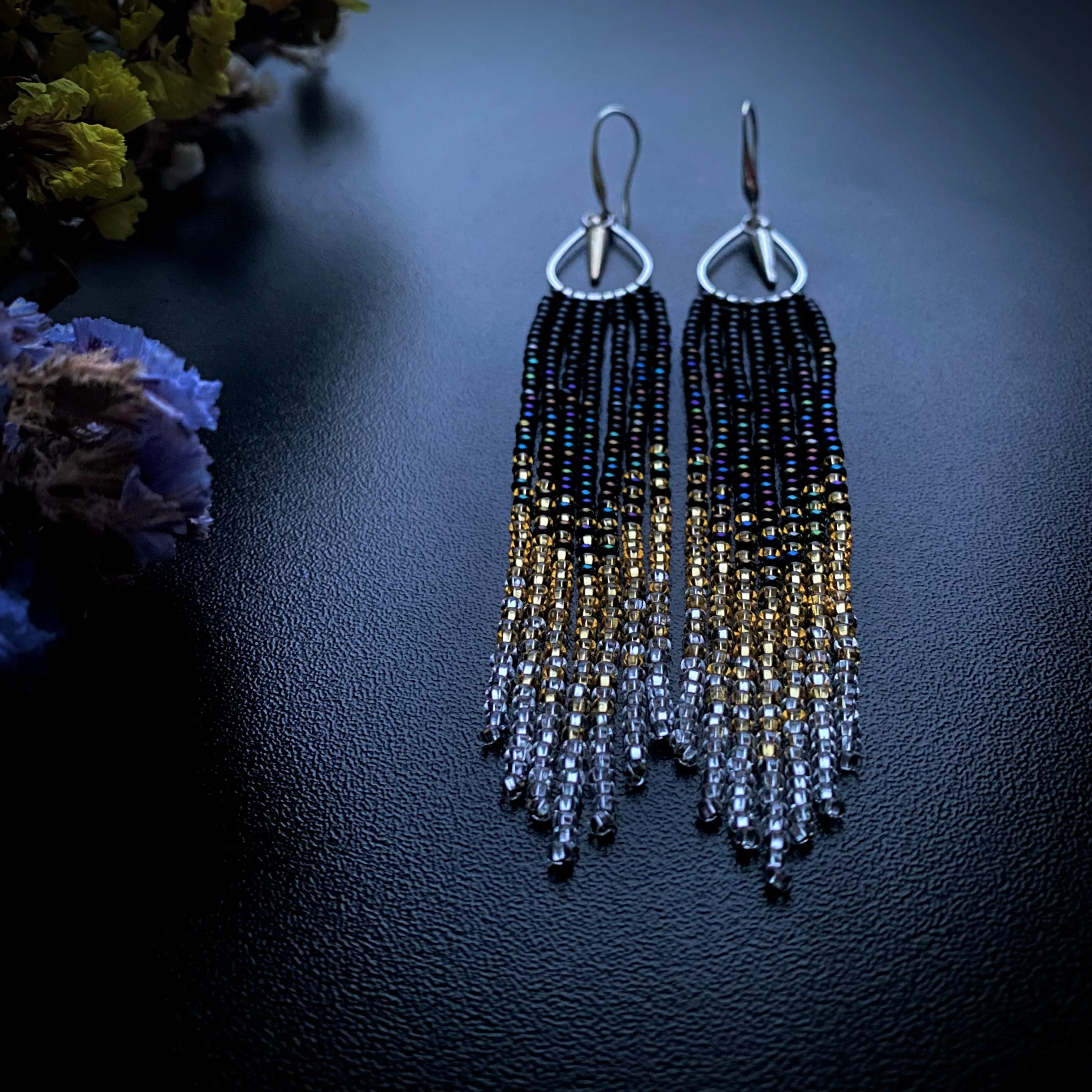 Long Dainty Ombre Seed Bead Fringe Chandelier Earrings