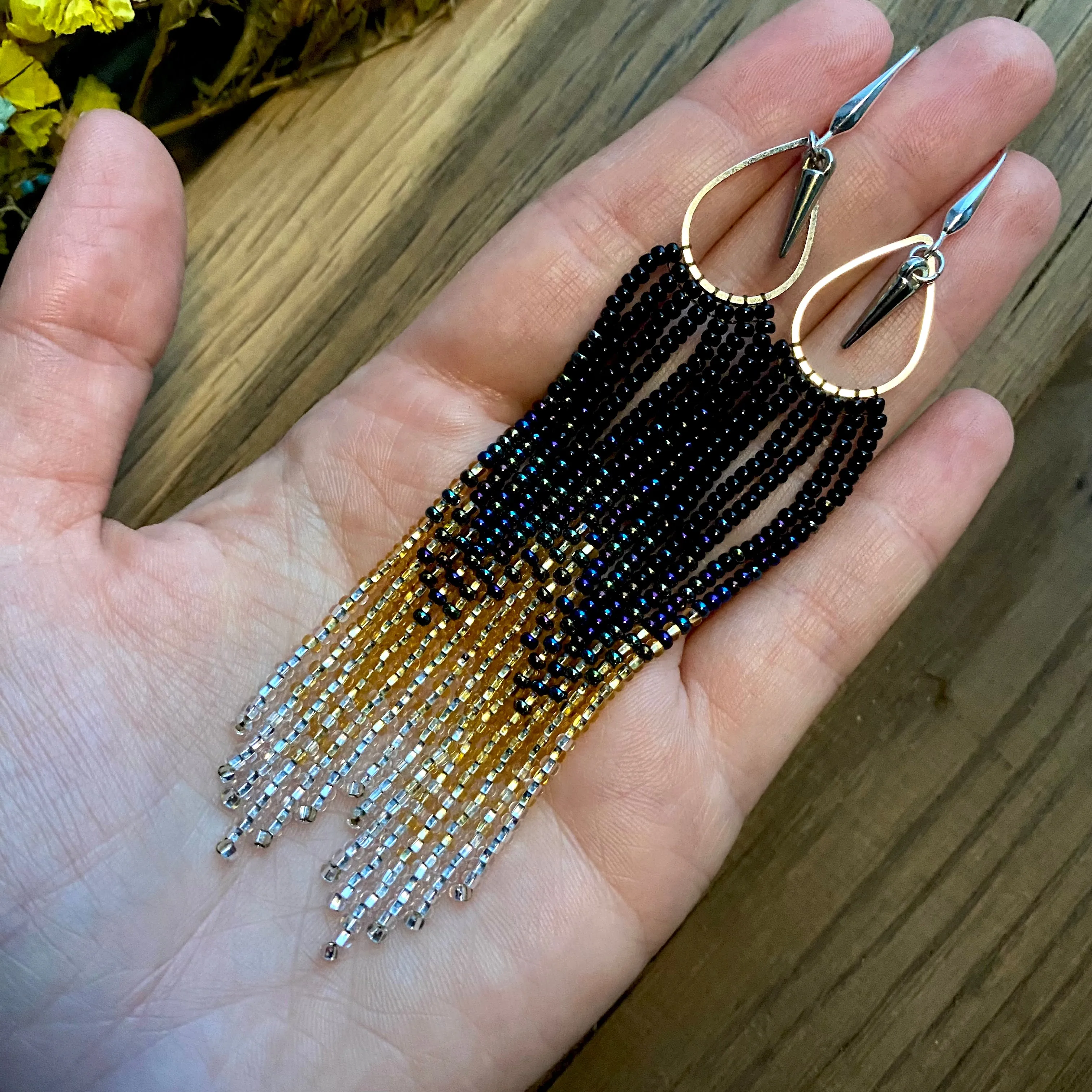 Long Dainty Ombre Seed Bead Fringe Chandelier Earrings