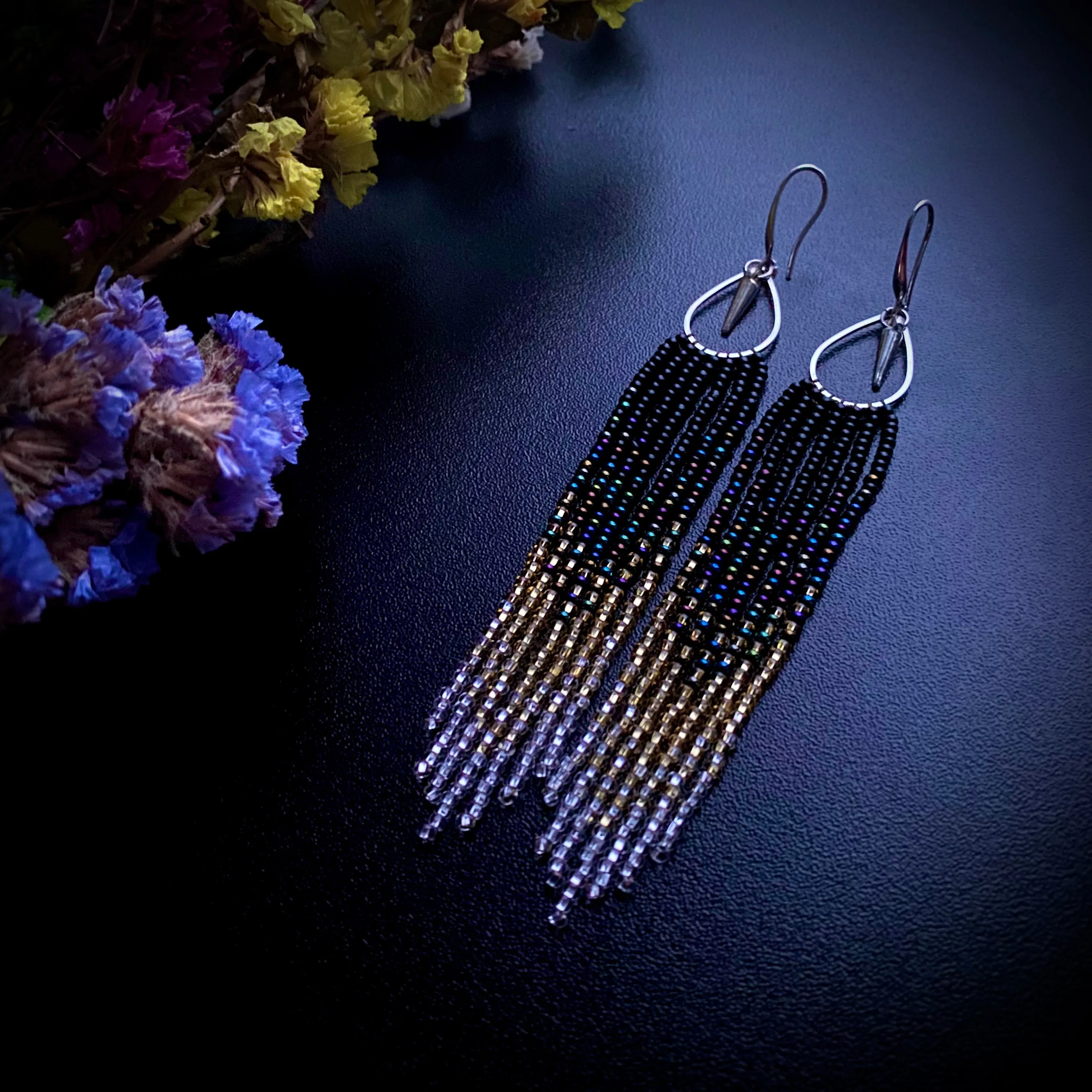 Long Dainty Ombre Seed Bead Fringe Chandelier Earrings