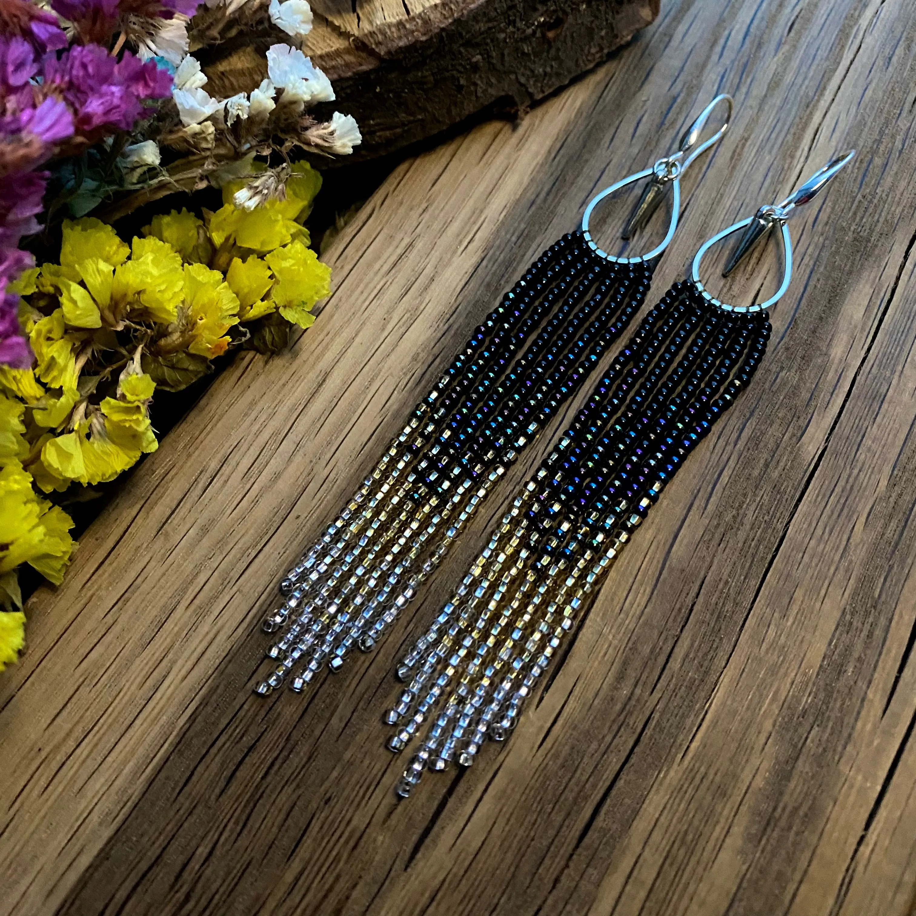 Long Dainty Ombre Seed Bead Fringe Chandelier Earrings