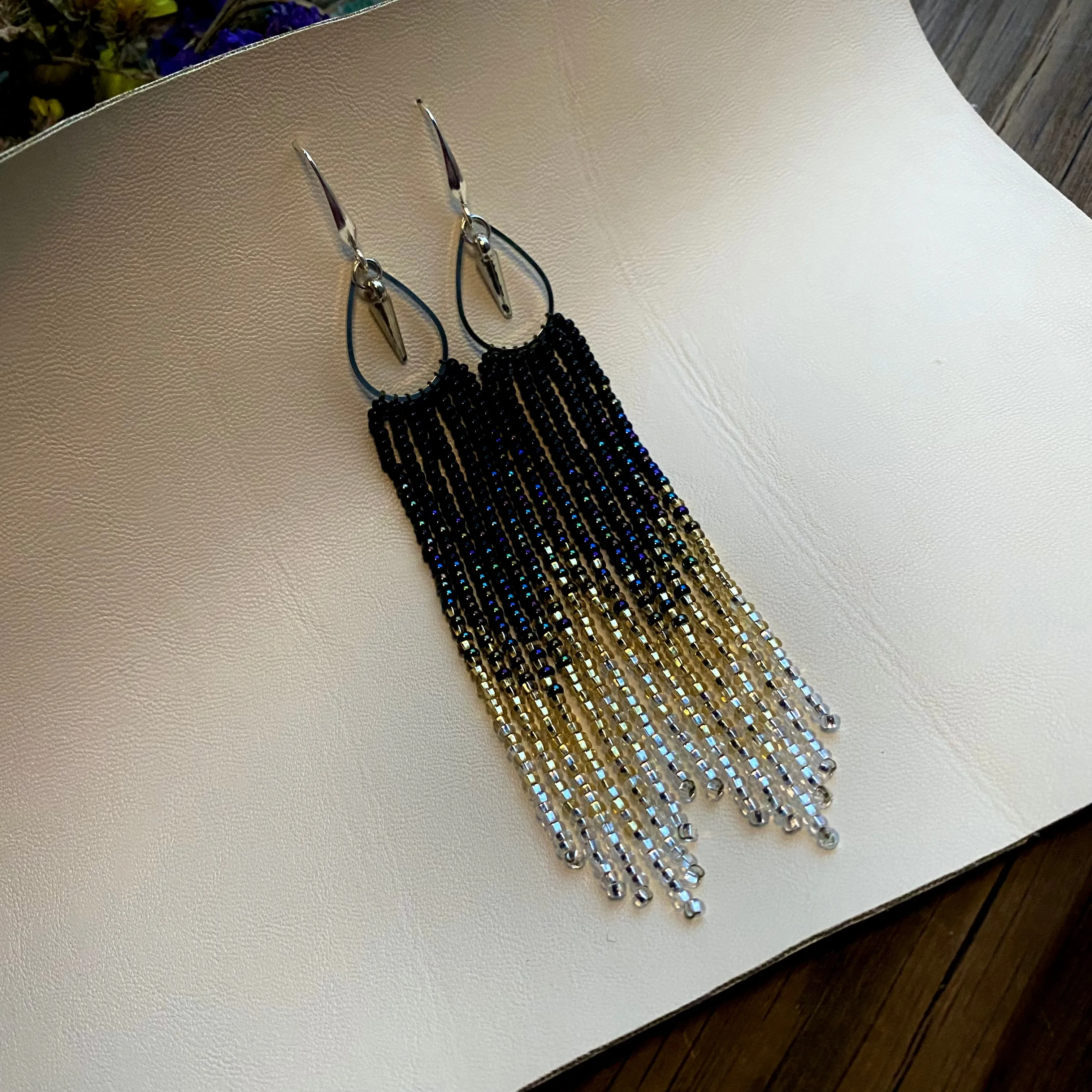 Long Dainty Ombre Seed Bead Fringe Chandelier Earrings