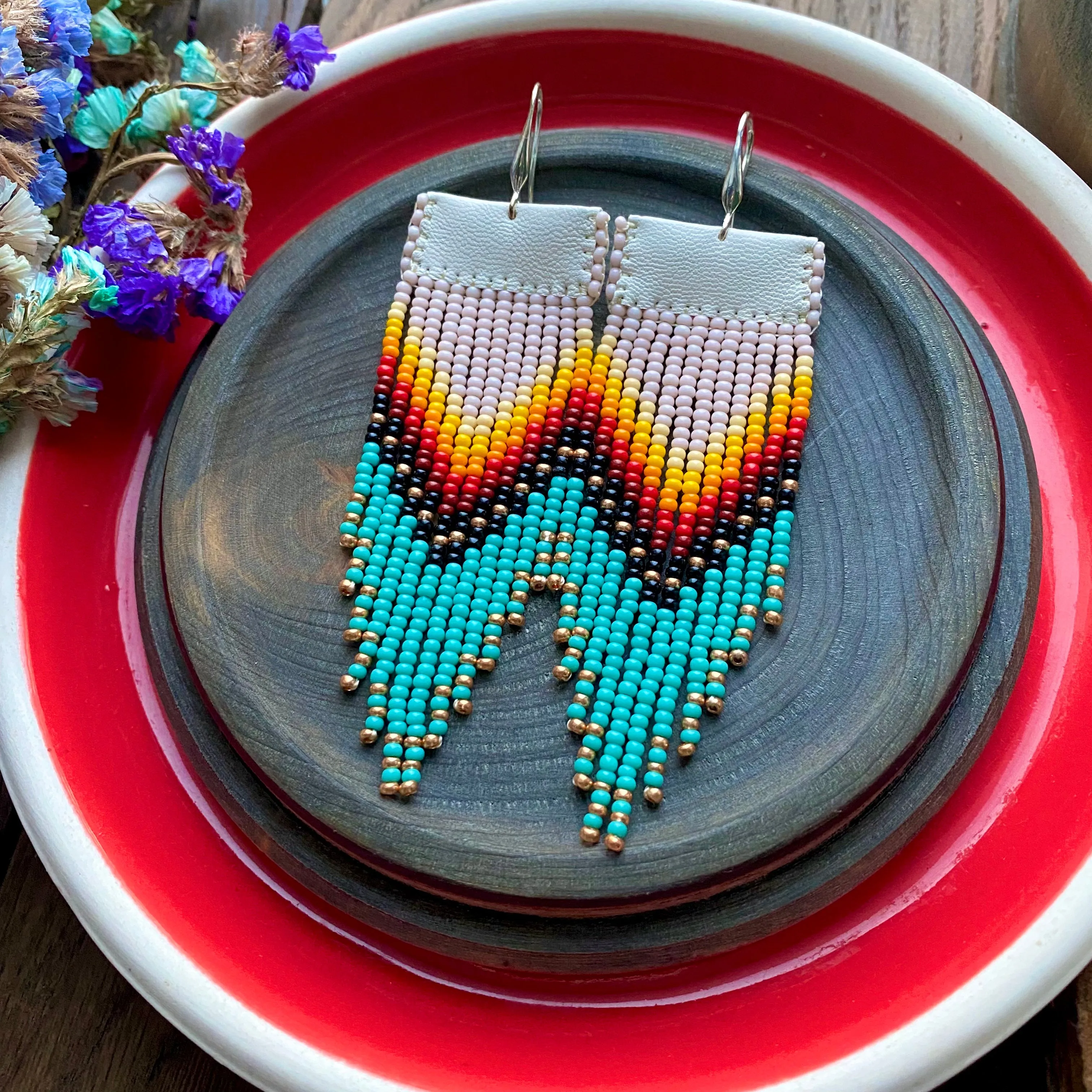 Long Dangle Ombre Seed Bead Indigenous Earrings Native Inspired, Turquoise Blue Red Fringe Chandelier Earrings, Bohemian Boho Earrings, Hippie Earring