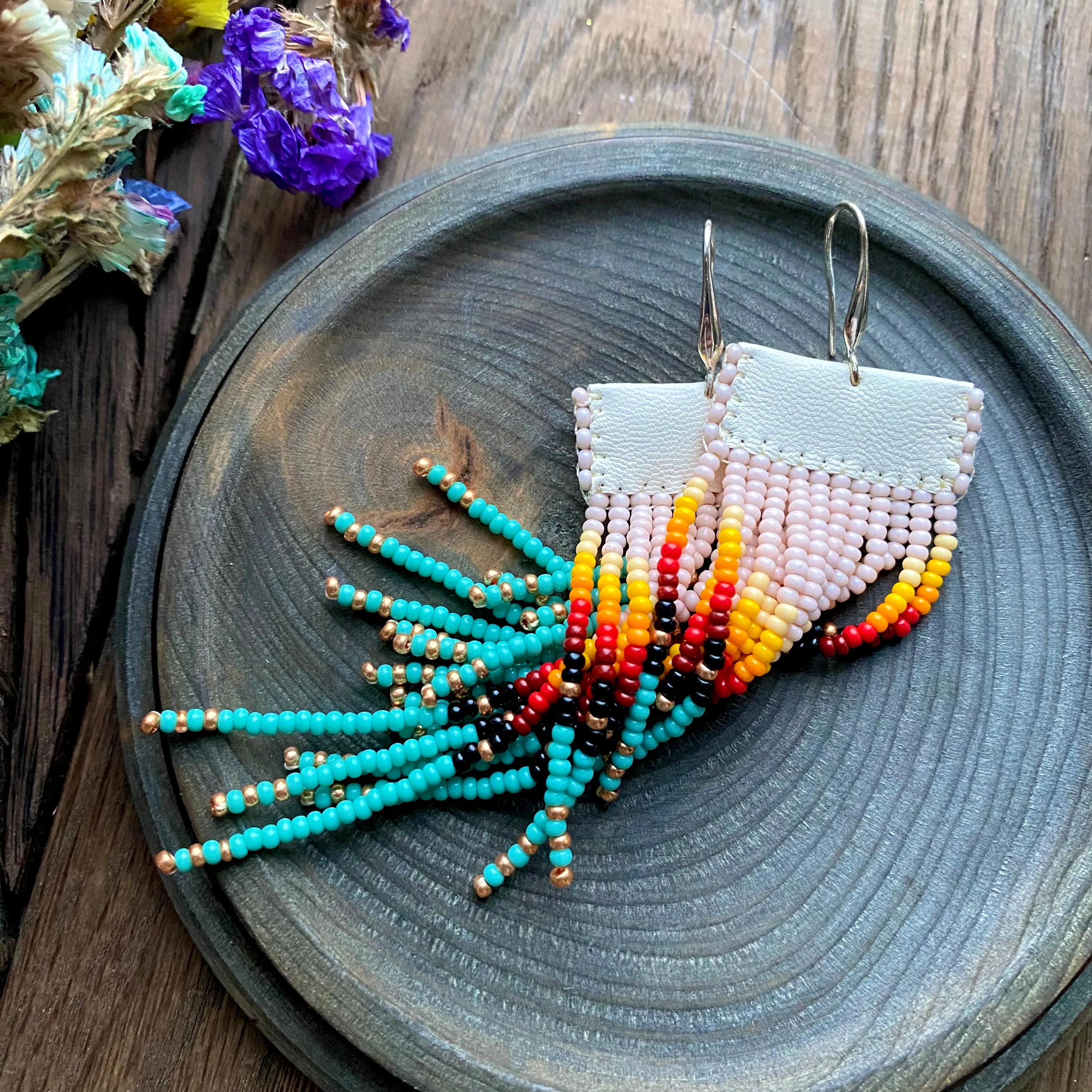 Long Dangle Ombre Seed Bead Indigenous Earrings Native Inspired, Turquoise Blue Red Fringe Chandelier Earrings, Bohemian Boho Earrings, Hippie Earring