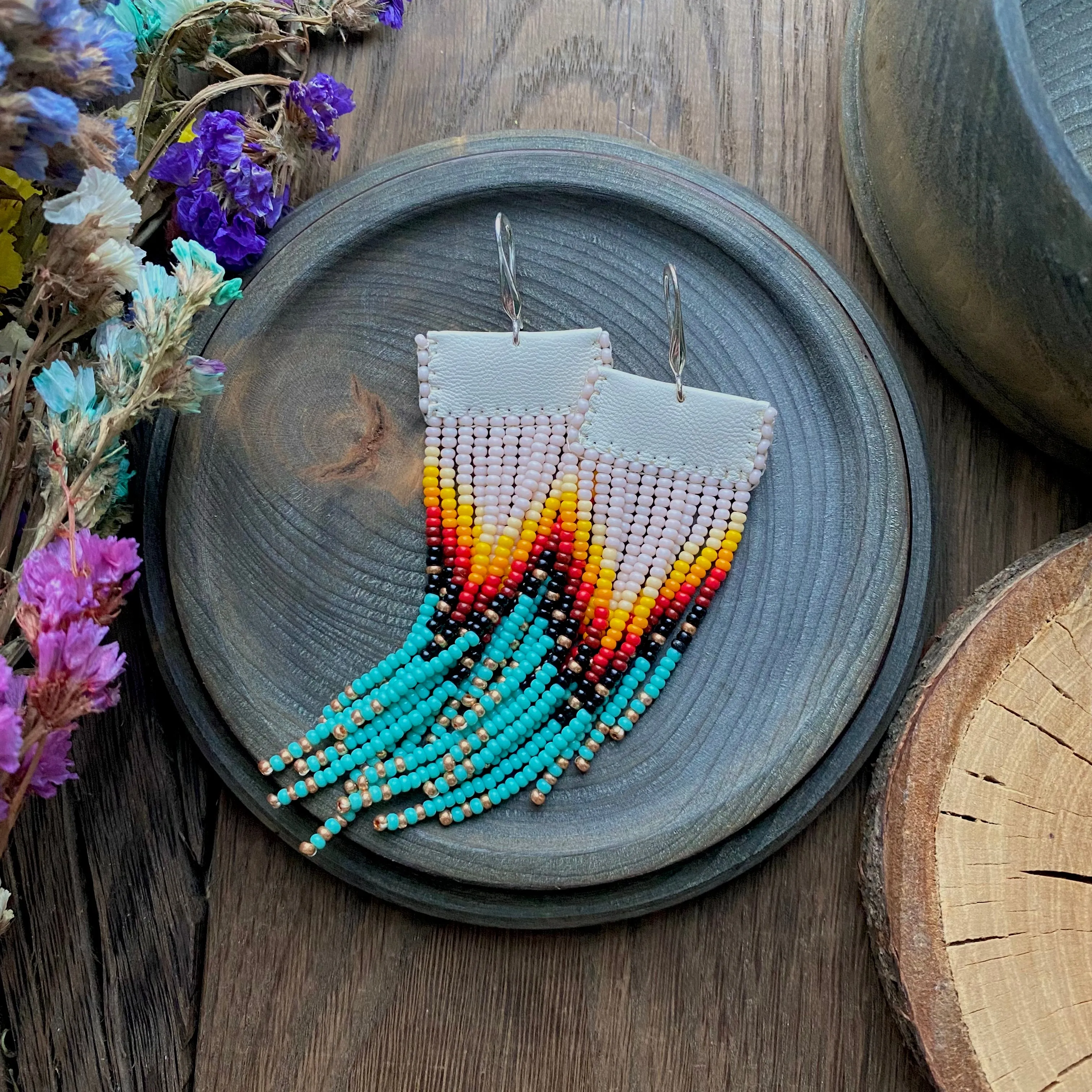 Long Dangle Ombre Seed Bead Indigenous Earrings Native Inspired, Turquoise Blue Red Fringe Chandelier Earrings, Bohemian Boho Earrings, Hippie Earring