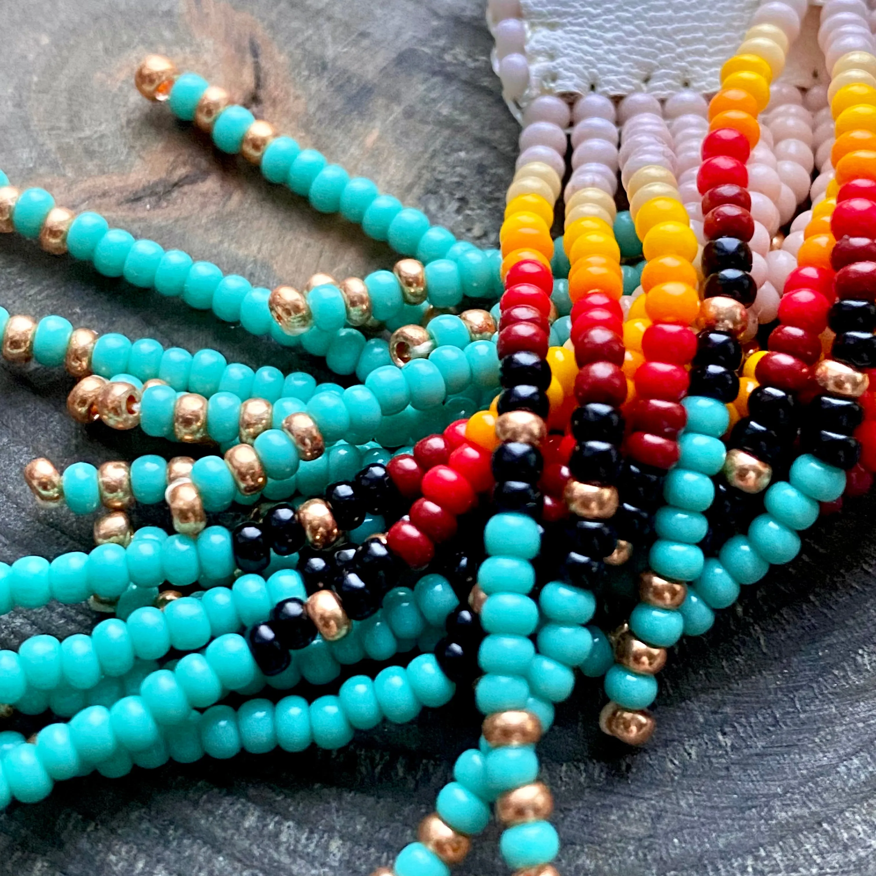 Long Dangle Ombre Seed Bead Indigenous Earrings Native Inspired, Turquoise Blue Red Fringe Chandelier Earrings, Bohemian Boho Earrings, Hippie Earring