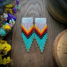 Long Dangle Ombre Seed Bead Indigenous Earrings Native Inspired, Turquoise Blue Red Fringe Chandelier Earrings, Bohemian Boho Earrings, Hippie Earring