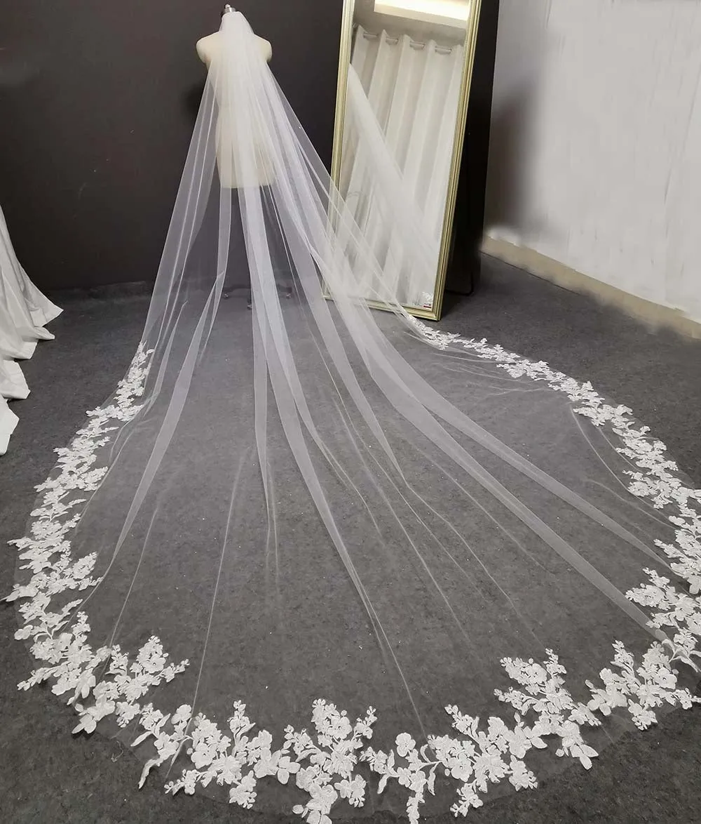 Long Lace Wedding Veil 3 Meters Long Cathedral Bridal Veil with Hair Comb