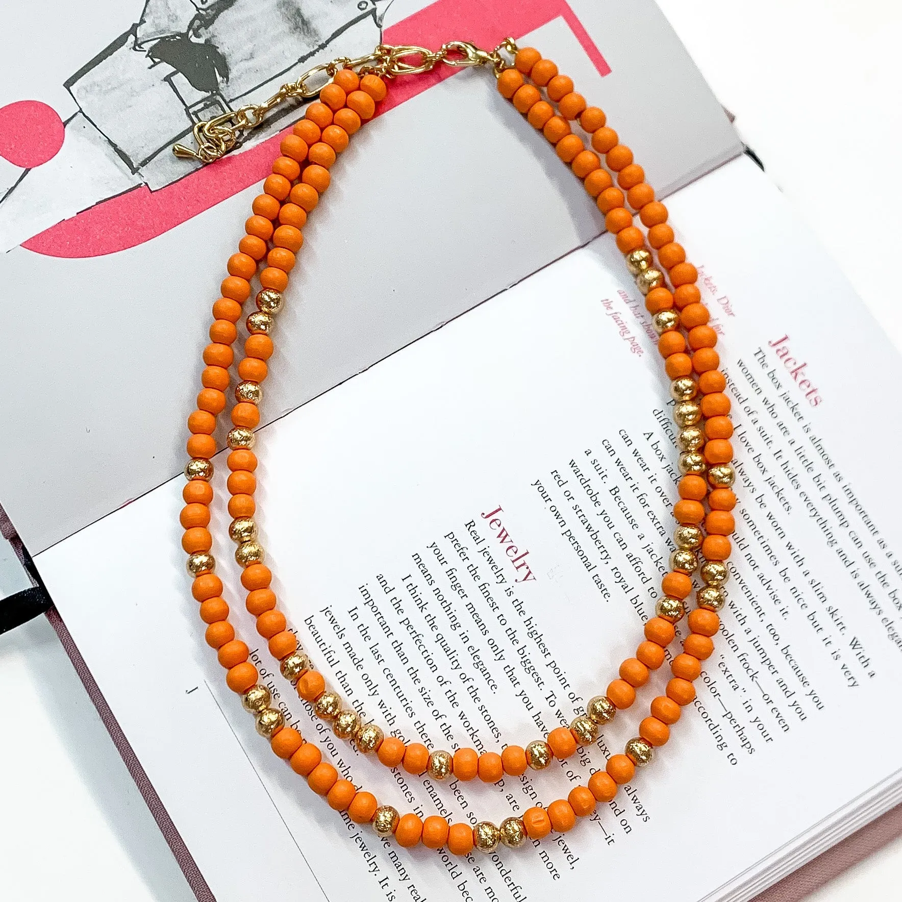 Making Joy Small Beaded Two Strand Necklace with Gold Tone Spacers in Orange