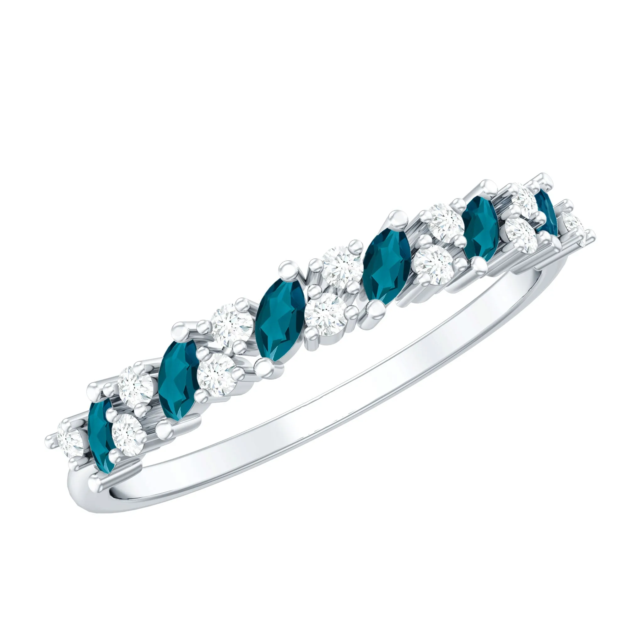 Marquise Cut London Blue Topaz and Round Shape Diamond Stackable Semi Eternity Ring