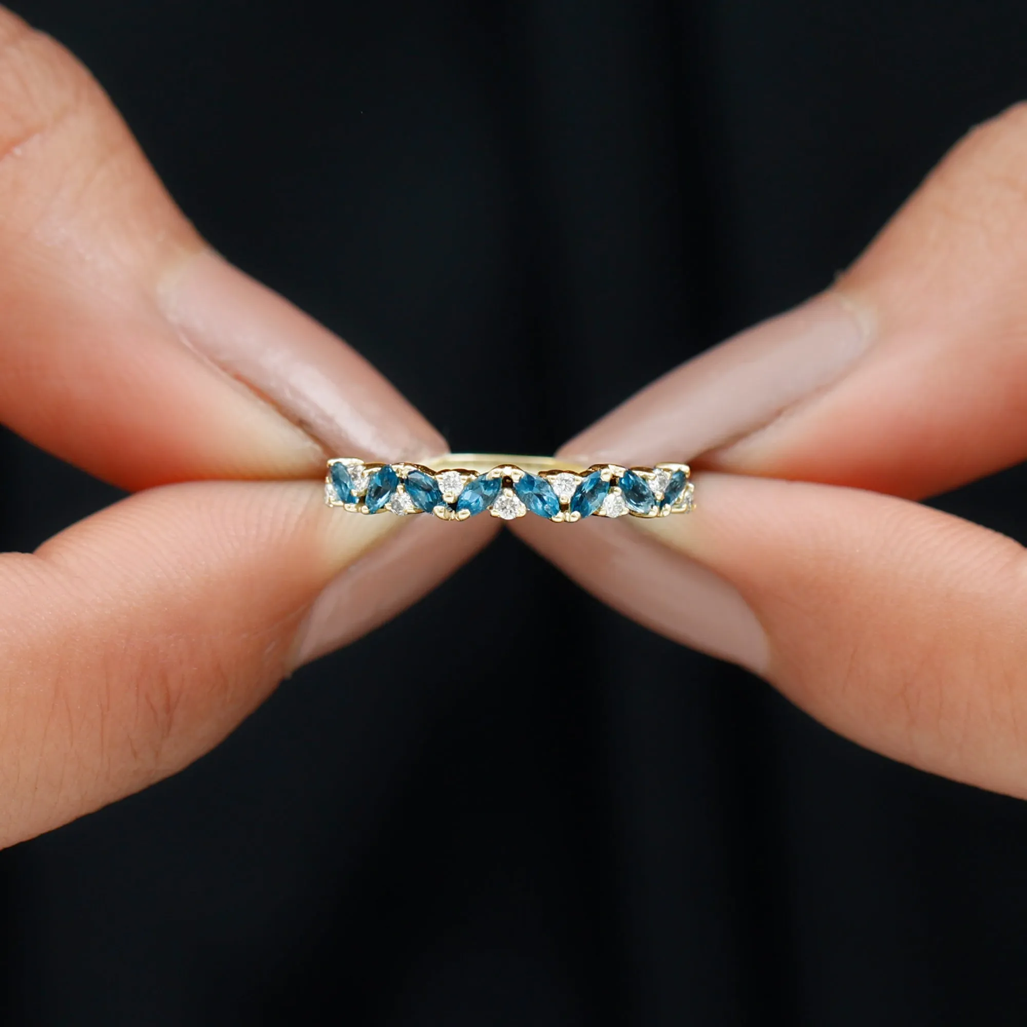 Marquise Cut London Blue Topaz and Round Shape Diamond Stackable Semi Eternity Ring