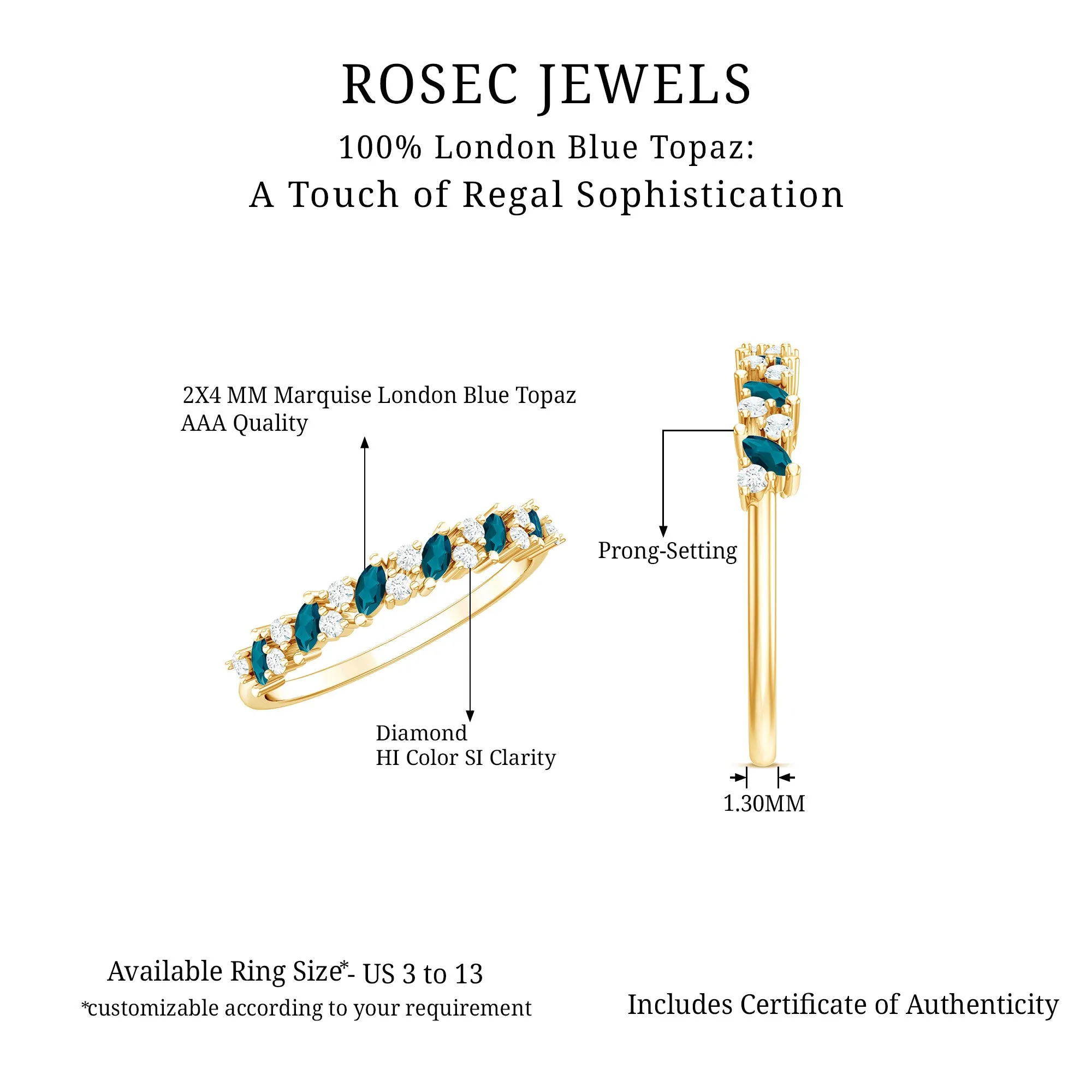 Marquise Cut London Blue Topaz and Round Shape Diamond Stackable Semi Eternity Ring