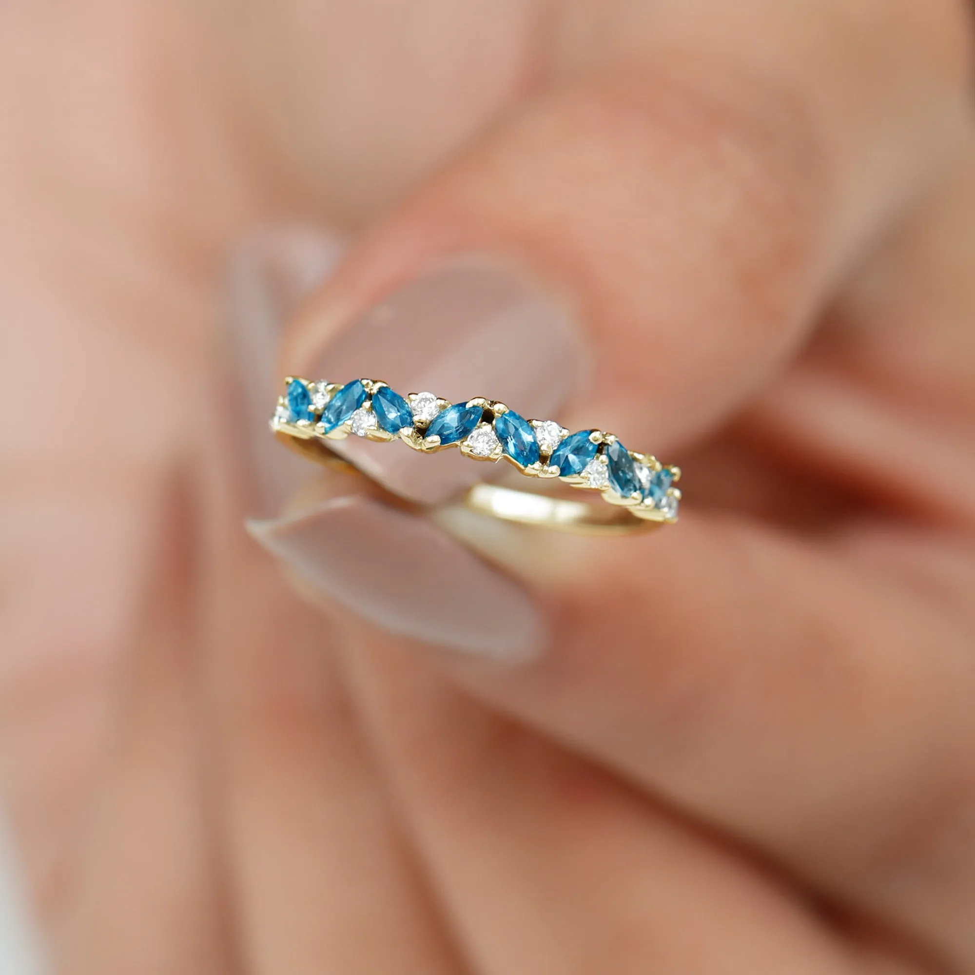 Marquise Cut London Blue Topaz and Round Shape Diamond Stackable Semi Eternity Ring