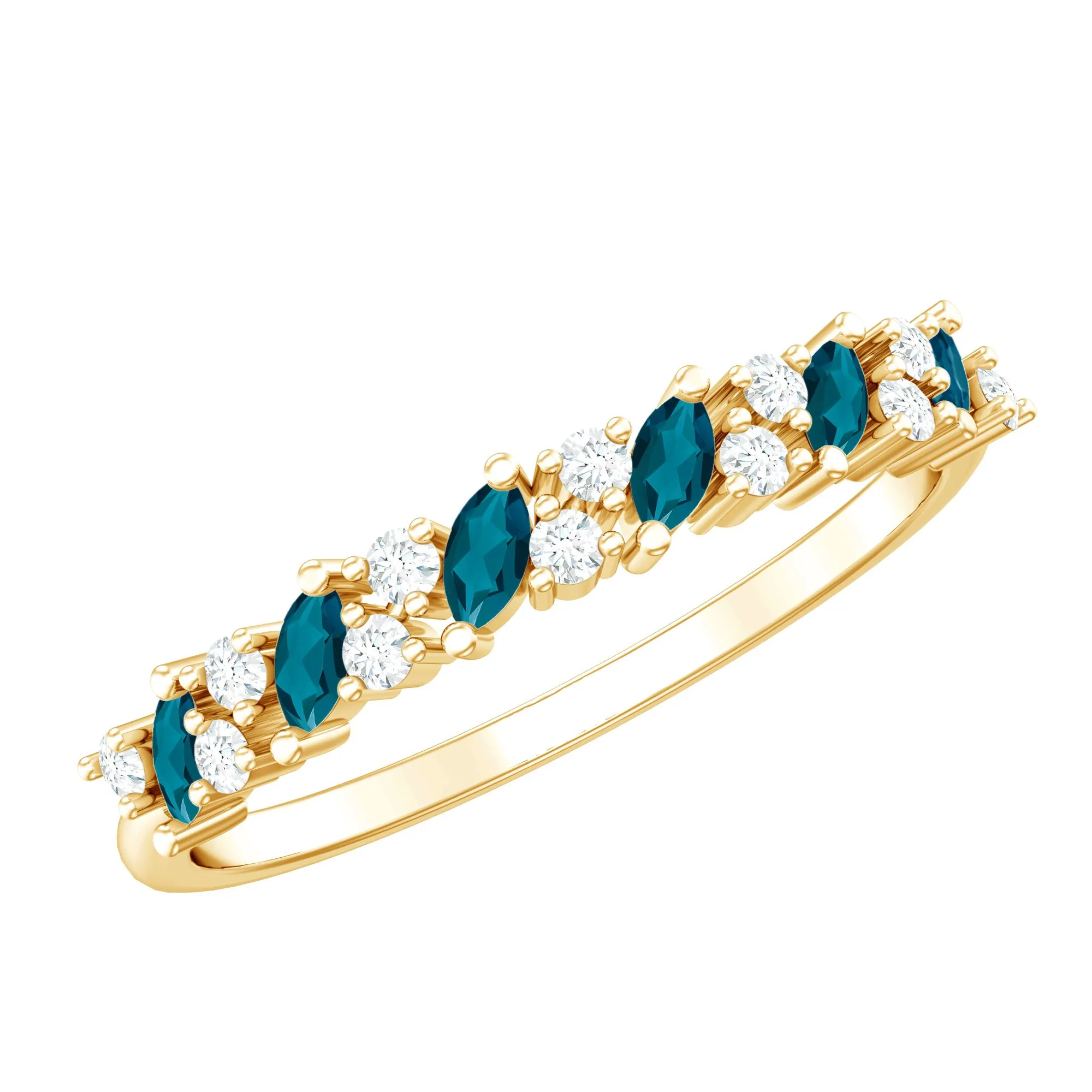 Marquise Cut London Blue Topaz and Round Shape Diamond Stackable Semi Eternity Ring