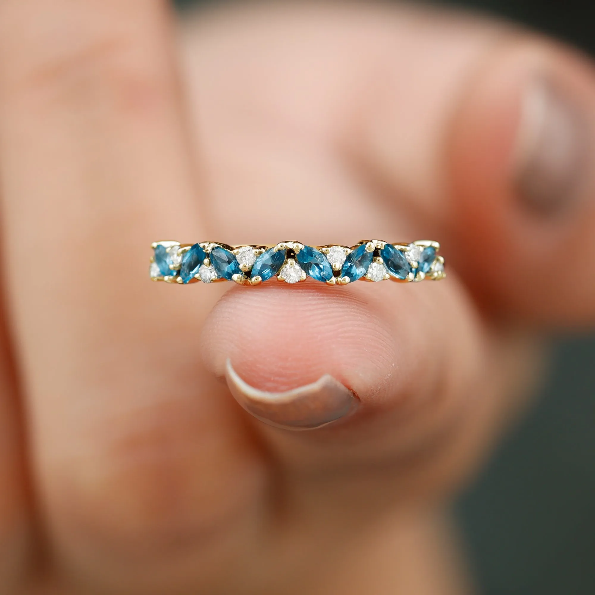 Marquise Cut London Blue Topaz and Round Shape Diamond Stackable Semi Eternity Ring