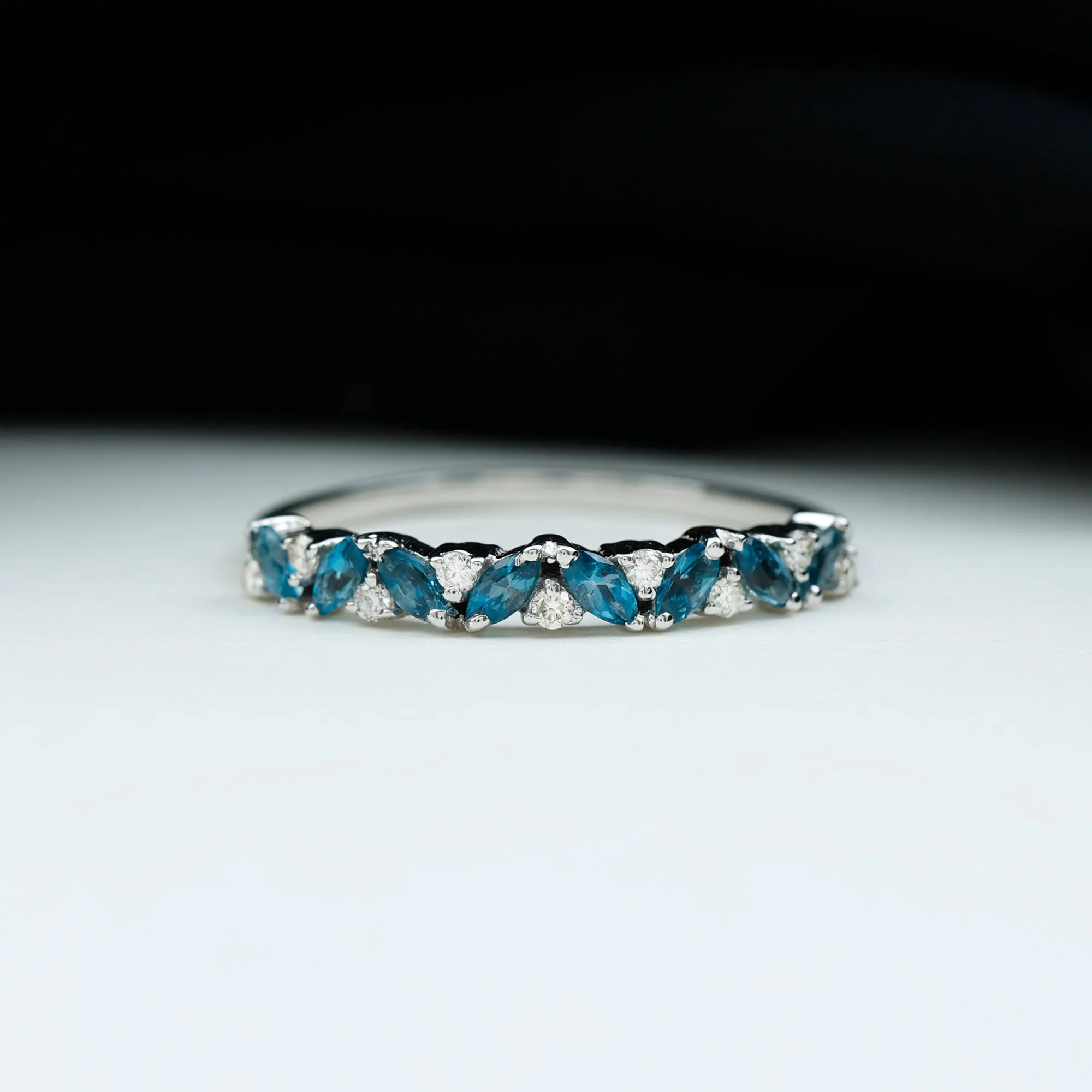 Marquise Cut London Blue Topaz and Round Shape Diamond Stackable Semi Eternity Ring