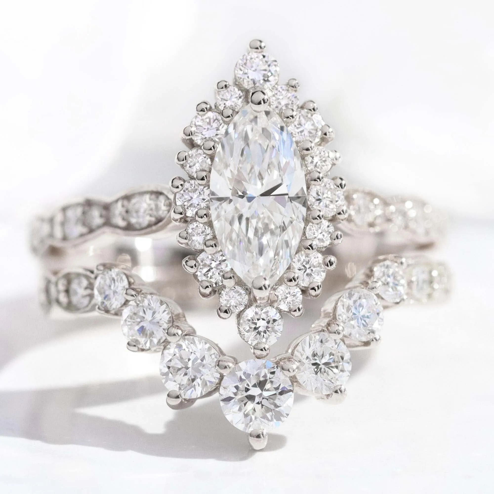 Marquise Diamond Halo Scalloped Ring w/ Lab Diamond and Large 7 Stone Wedding Band