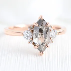 Marquise Salt and Pepper Diamond Ring in 14k Rose Gold 3 Stone Ring, Size 6.25