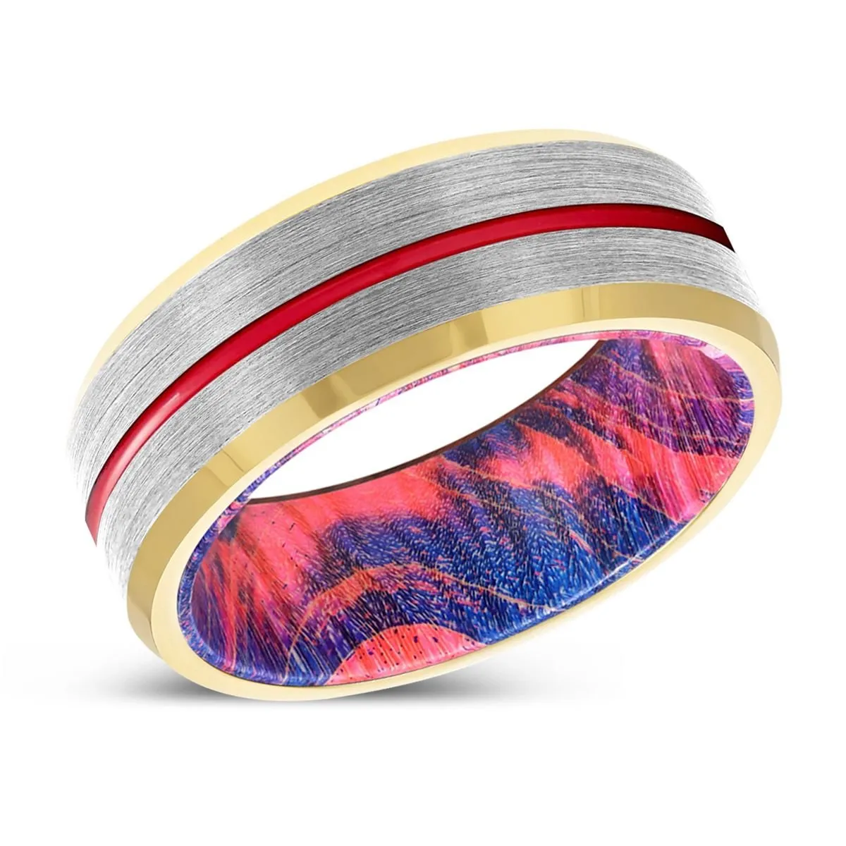 MASTERY | Blue & Red Wood, Silver Tungsten Ring, Red Groove, Gold Beveled Edge