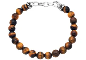 Mens Genuine 8mm Tiger Eye Bead Stainless Steel Bracelet