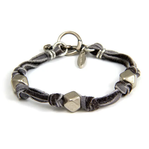 Mens Silver Triple Beaded Grey Deerskin Leather Bracelet