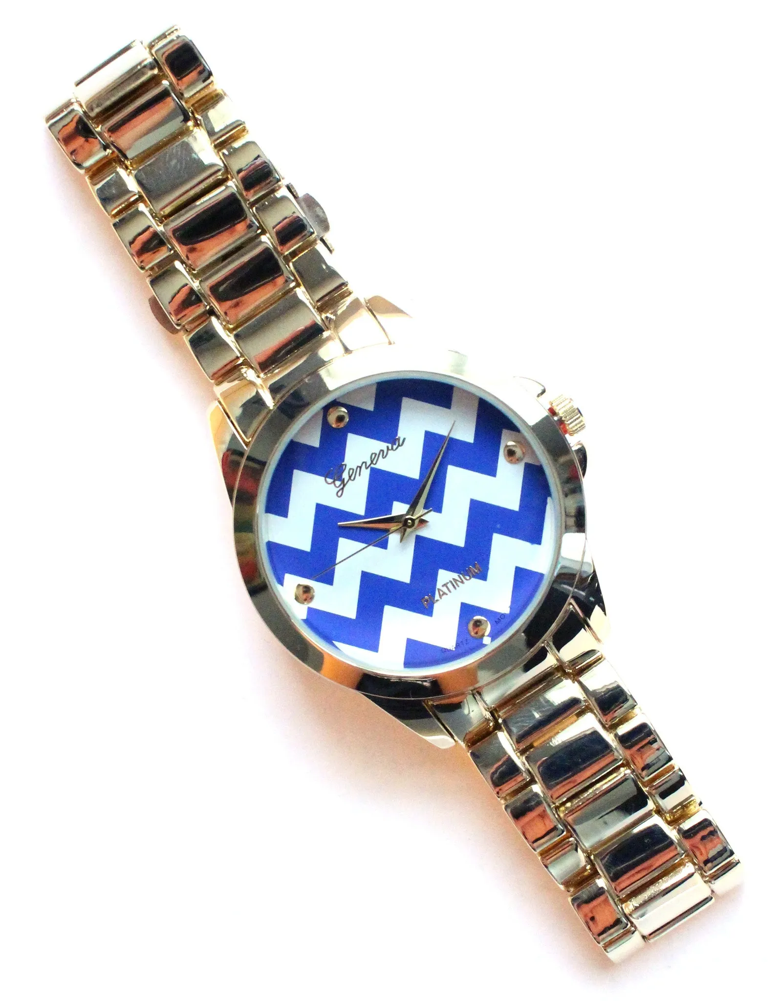 Metal Chevron Geneva Platinum Watch- 2 Color Options