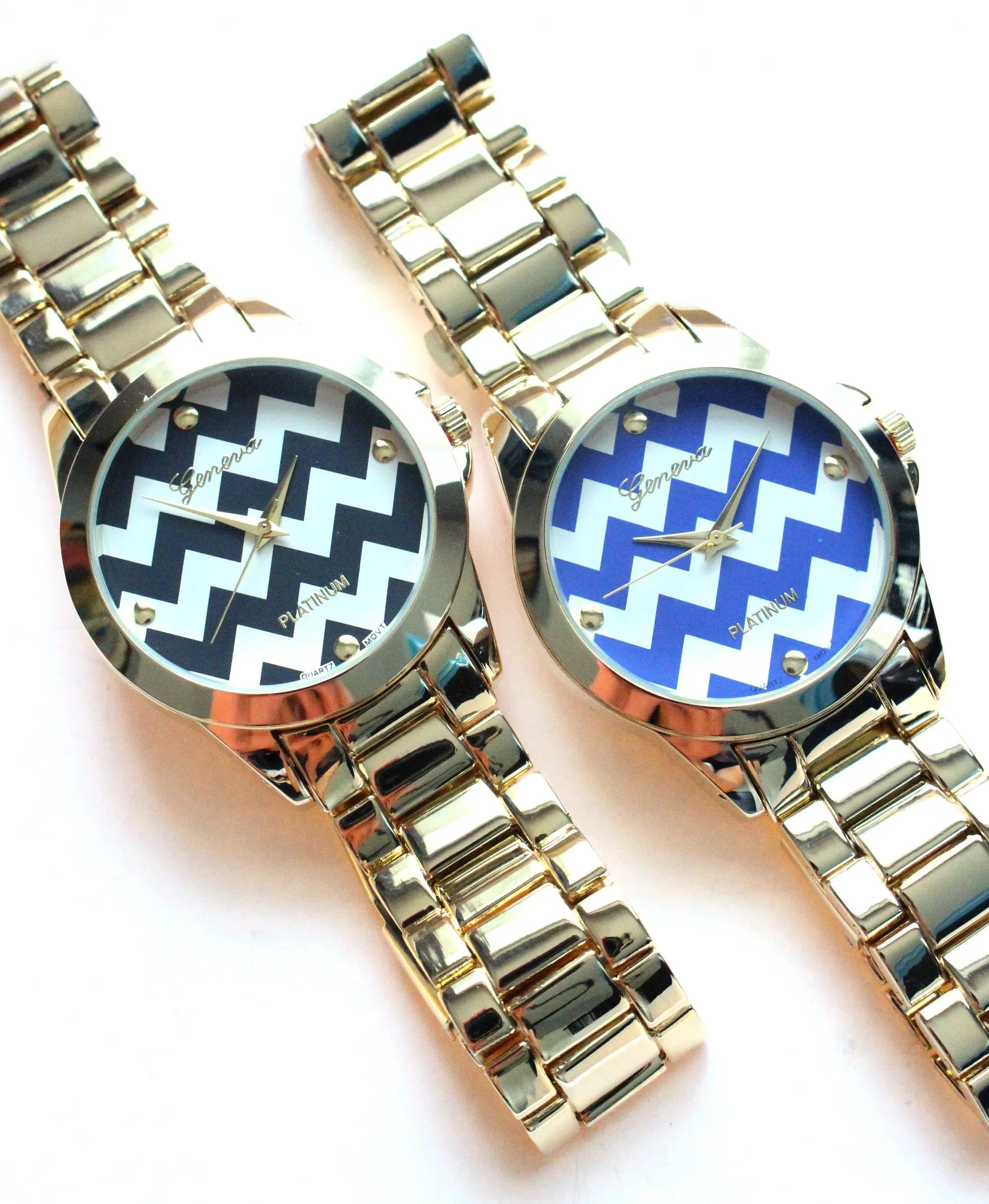 Metal Chevron Geneva Platinum Watch- 2 Color Options