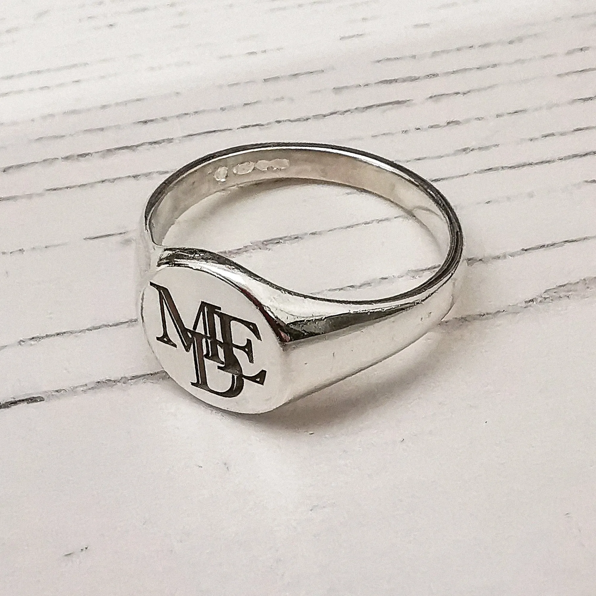 Monogram Initials Round Silver Signet Ring - 3 Initials