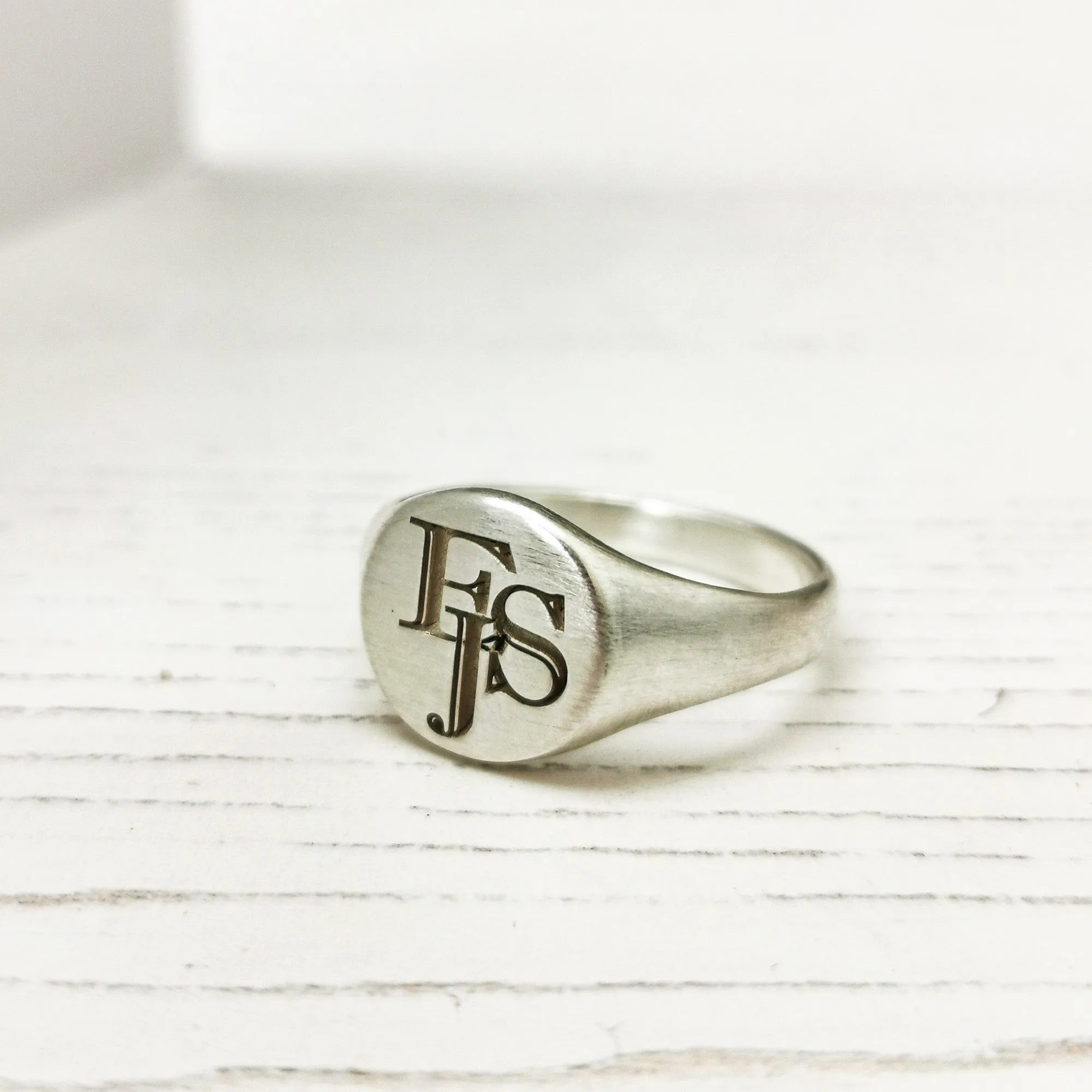 Monogram Initials Round Silver Signet Ring - 3 Initials