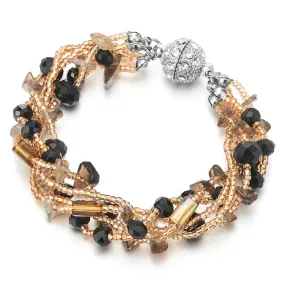 Multi-Strand Beaded Bracelet Champagne Beads Irregular Black Gem Stone Rhinestones Ball Charm Clasp