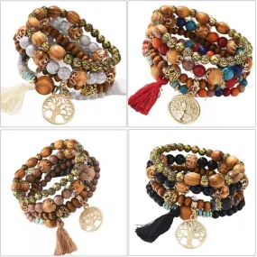 Multilayer Beaded Wooden Tassel  Bracelet