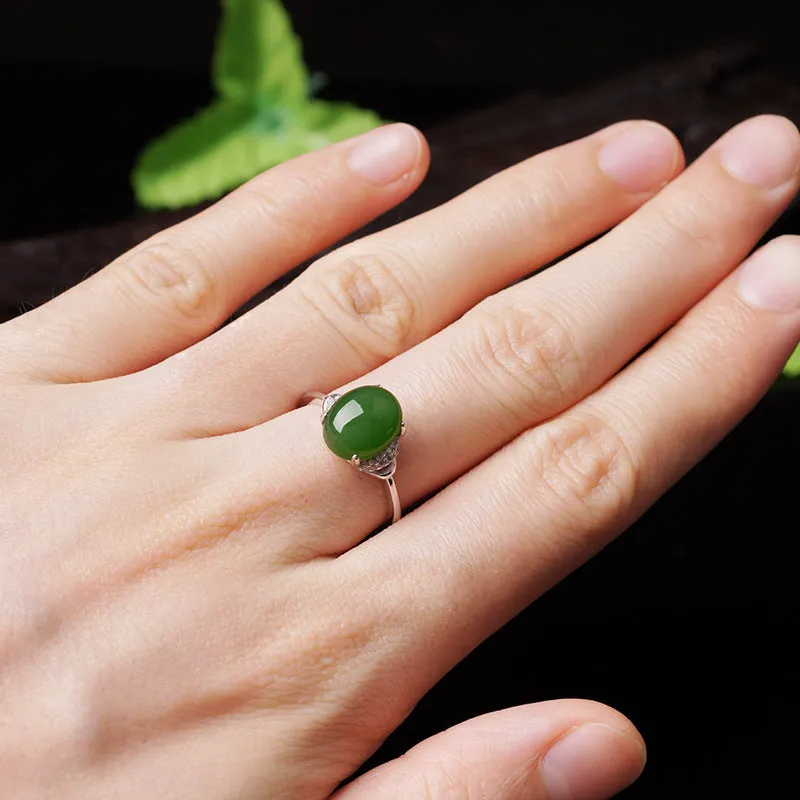 Natural Jade Ring Nephrite Silver Zircon Adjustable Ring ZNRG143