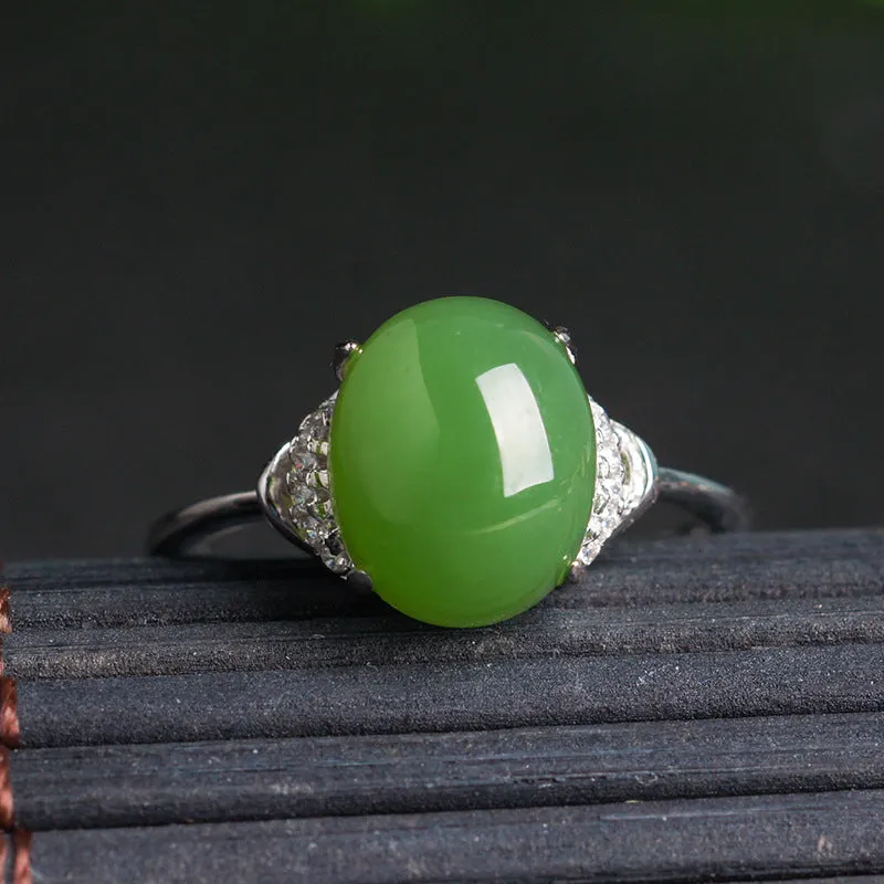 Natural Jade Ring Nephrite Silver Zircon Adjustable Ring ZNRG143