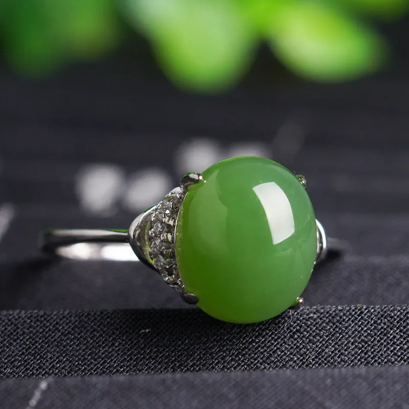 Natural Jade Ring Nephrite Silver Zircon Adjustable Ring ZNRG143