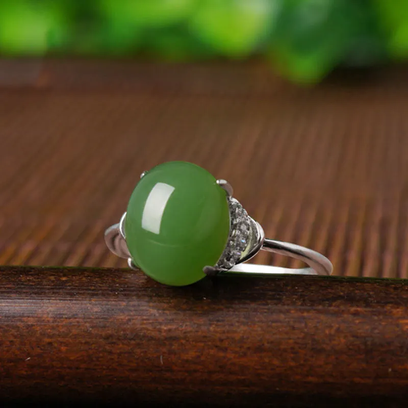 Natural Jade Ring Nephrite Silver Zircon Adjustable Ring ZNRG143