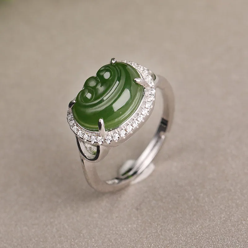 Natural Jade Ruyi Ring Nephrite Silver Zircon Adjustable Ring ZNRG131