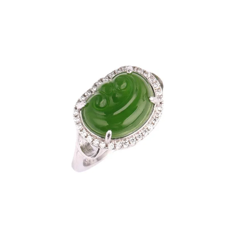 Natural Jade Ruyi Ring Nephrite Silver Zircon Adjustable Ring ZNRG131