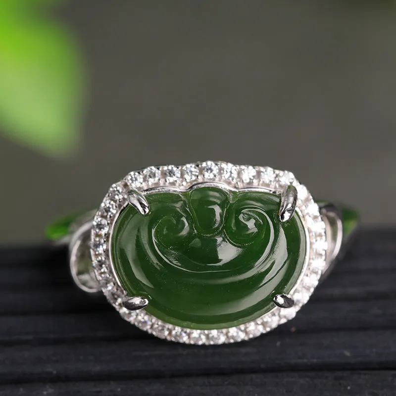 Natural Jade Ruyi Ring Nephrite Silver Zircon Adjustable Ring ZNRG131