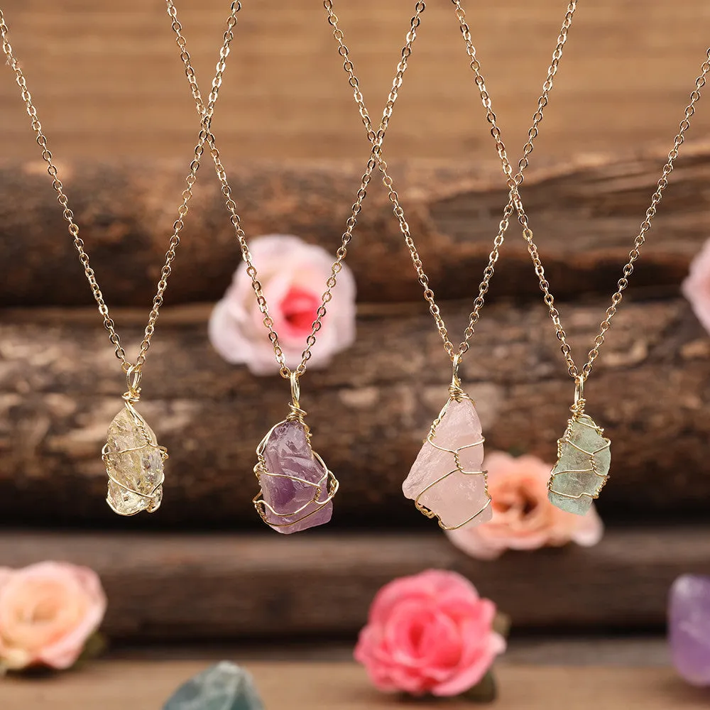 Natural Rose Amethyst Citrine Quartz Stone Pendant Necklace