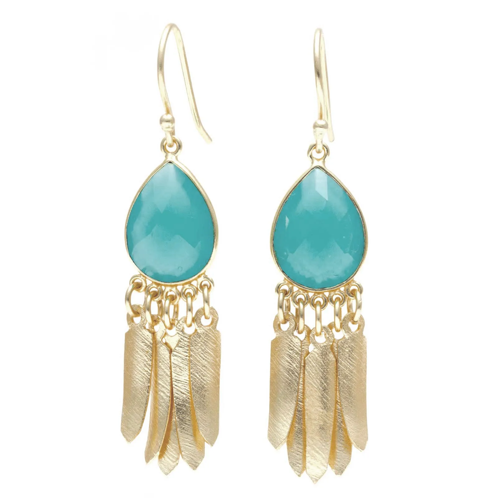 Navajo Fringe Aqua Chalcedony Dangle Earrings Gold Plated