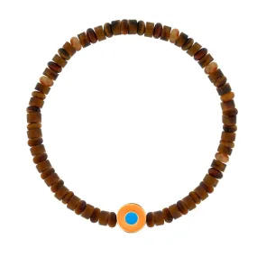 Neon Orange Enameled Evil Eye Disk on Tiger's Eye Beaded Bracelet