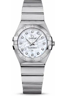 Omega Ladies Constellation Quartz Watch - 27 mm Brushed Steel Case - Mother-Of-Pearl Diamond Dial - 123.10.27.60.55.001