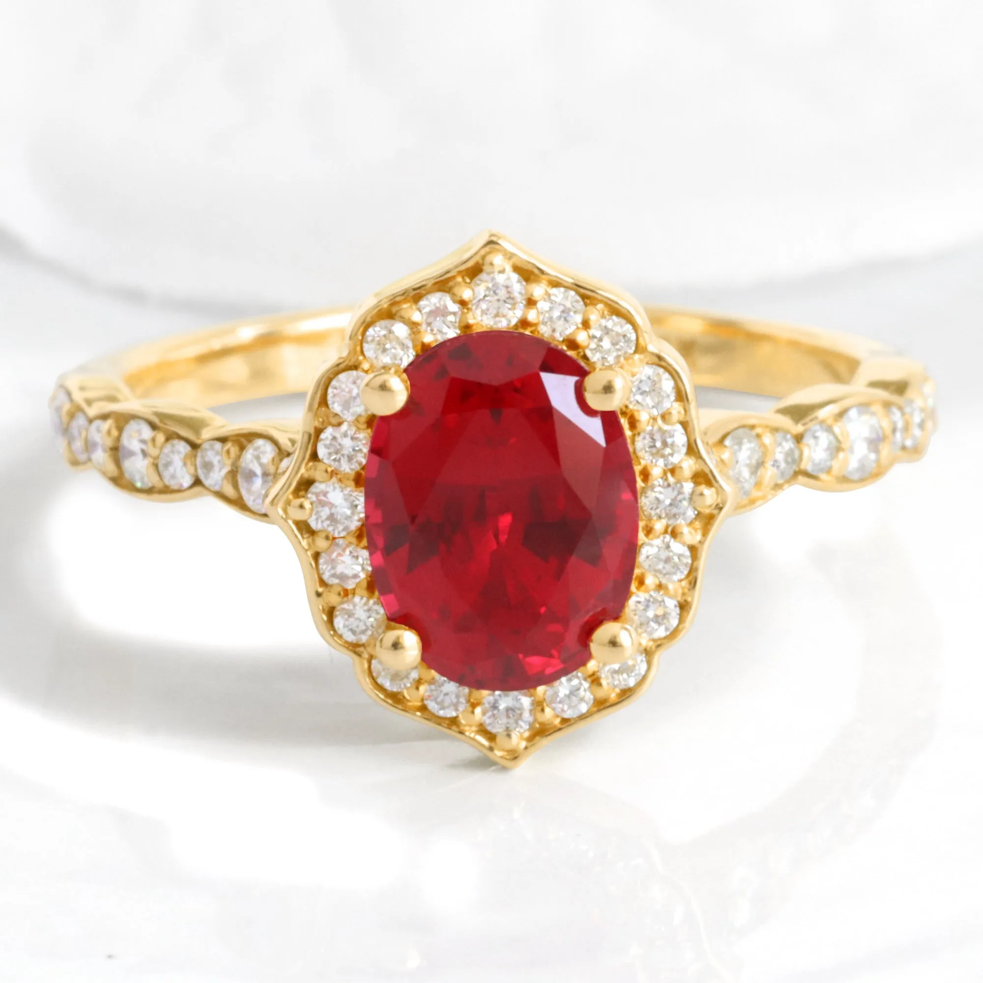 Oval Ruby Diamond Ring in Vintage Floral Scalloped Band