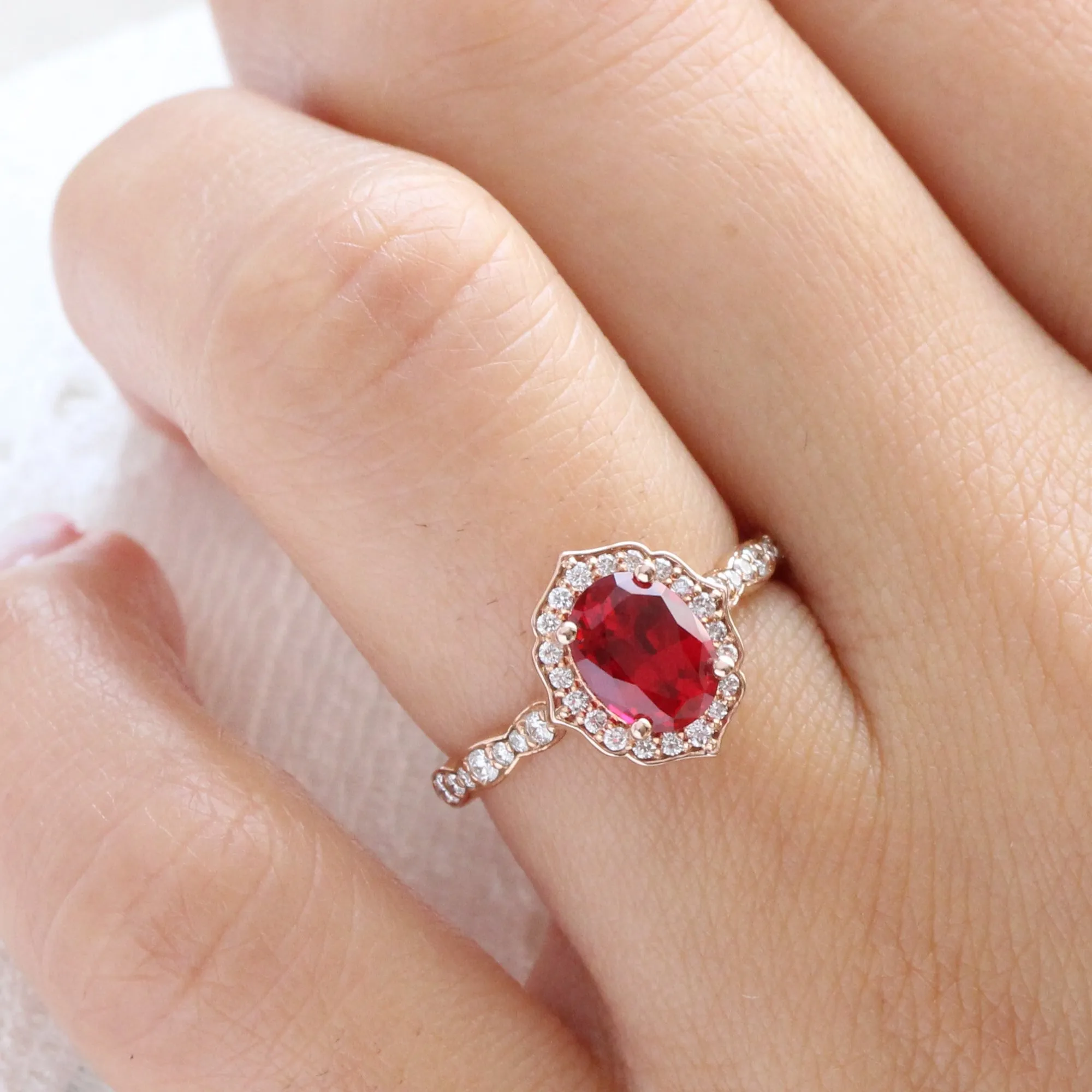 Oval Ruby Diamond Ring in Vintage Floral Scalloped Band