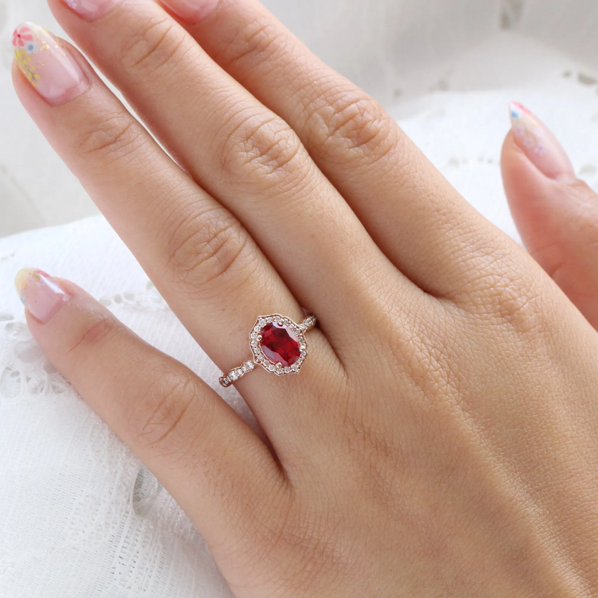 Oval Ruby Diamond Ring in Vintage Floral Scalloped Band