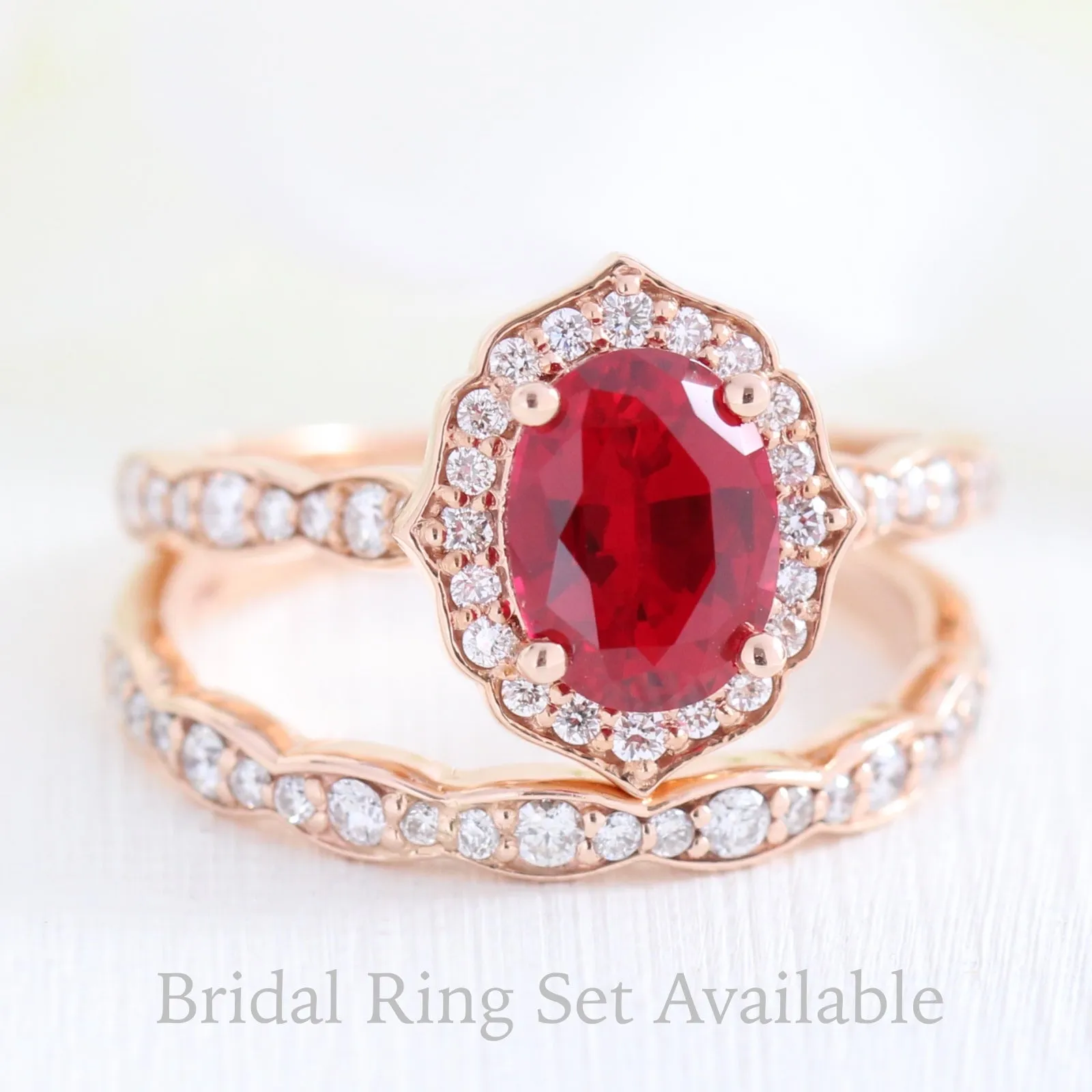 Oval Ruby Diamond Ring in Vintage Floral Scalloped Band